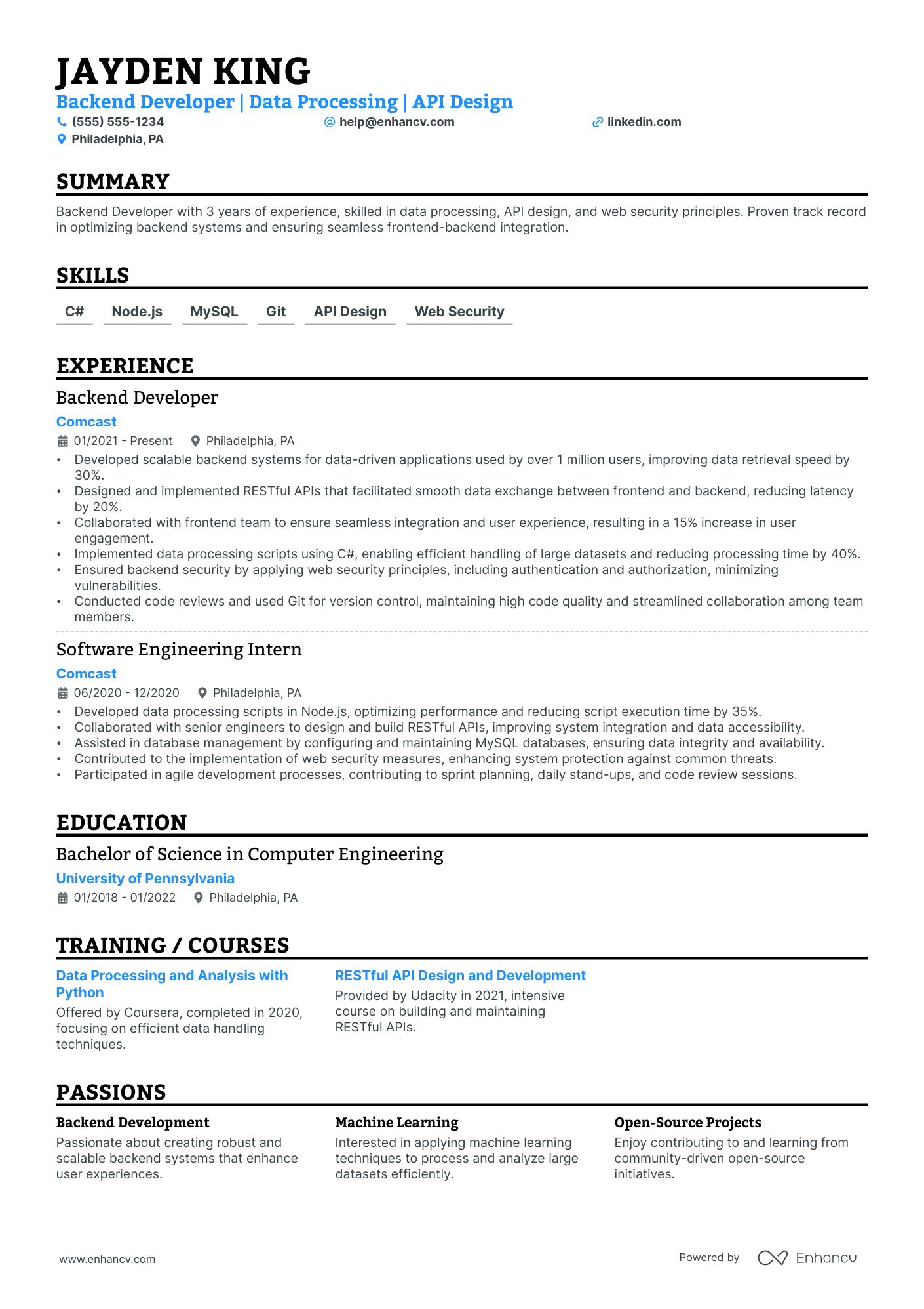 Backend Developer Intern resume example