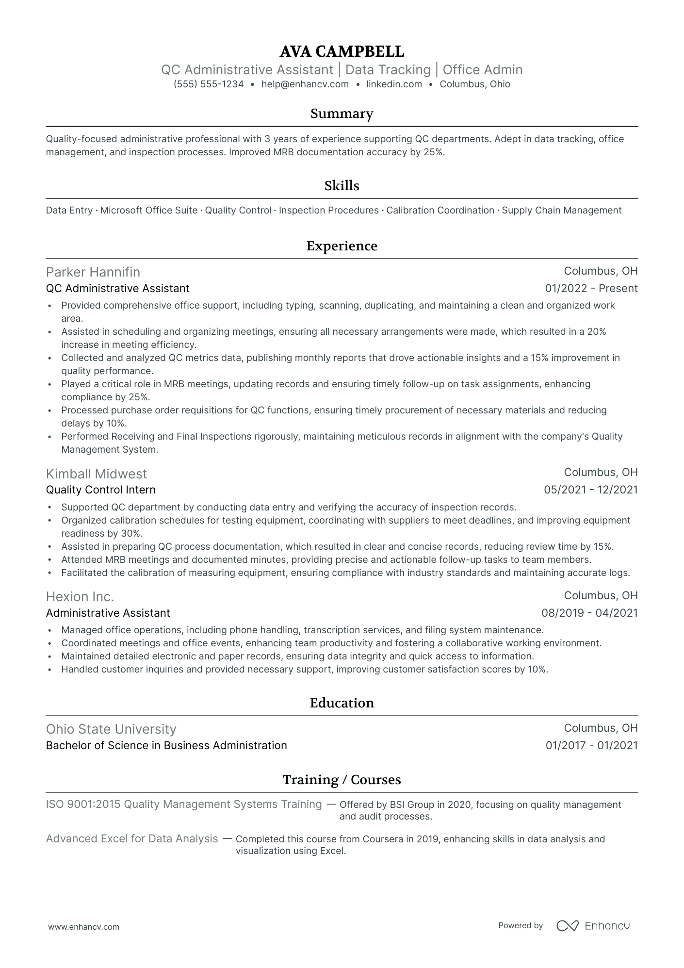 Quality Control Administrative Assistant resume example