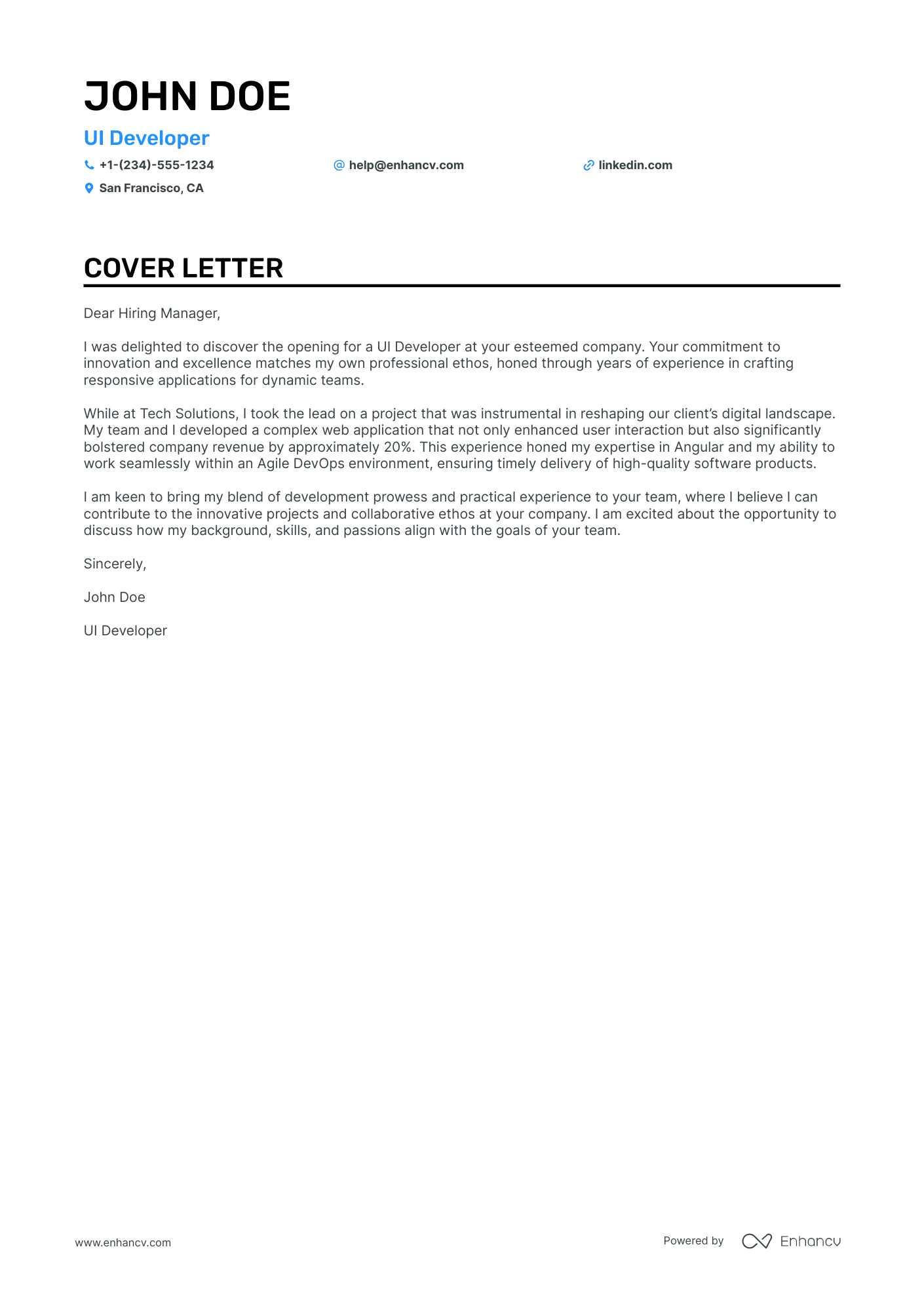 UI Developer cover letter