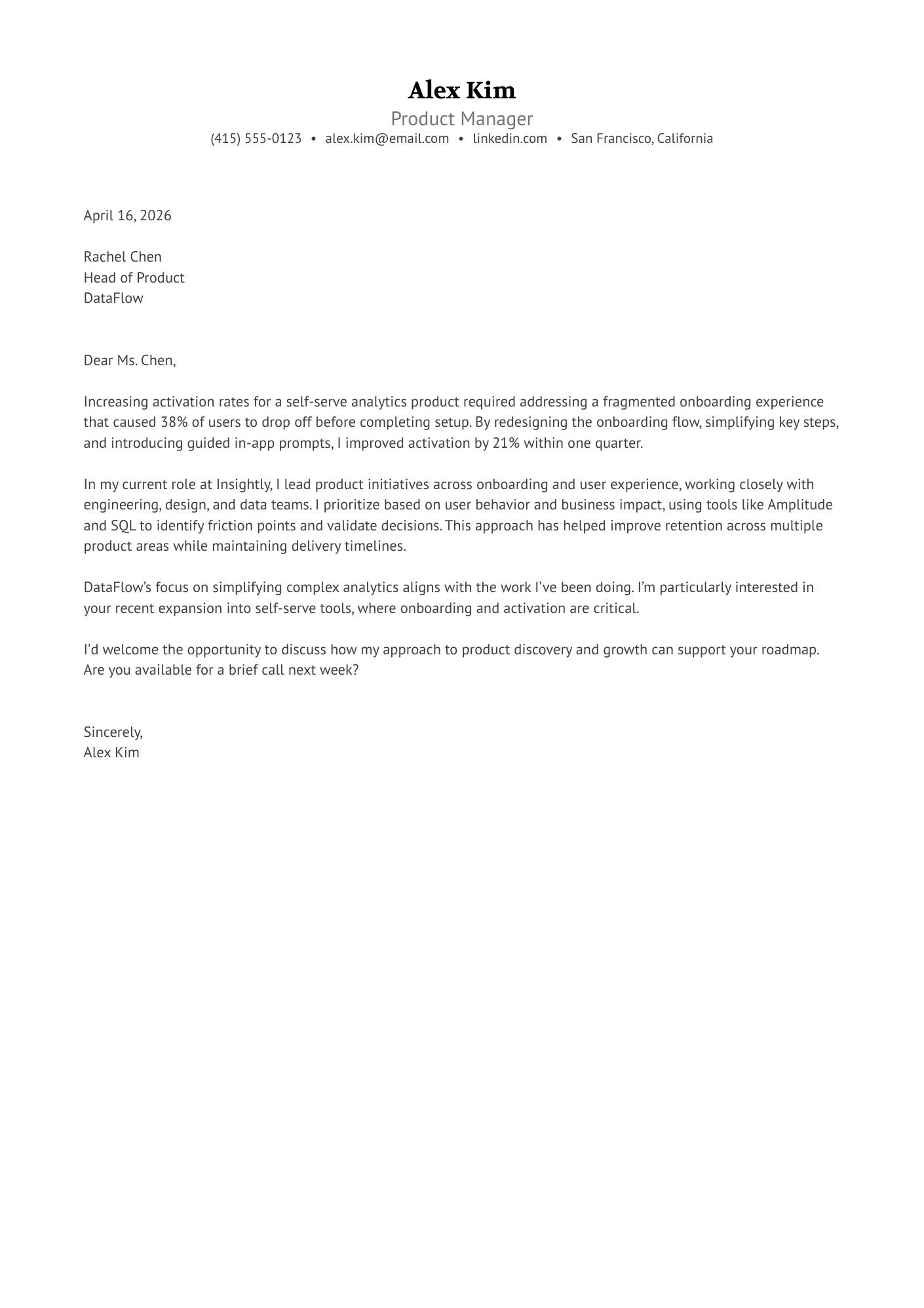 Product Manager cover letter