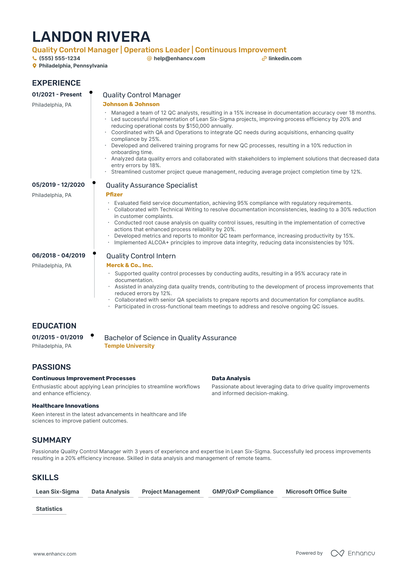 Operations Quality Control Manager resume example