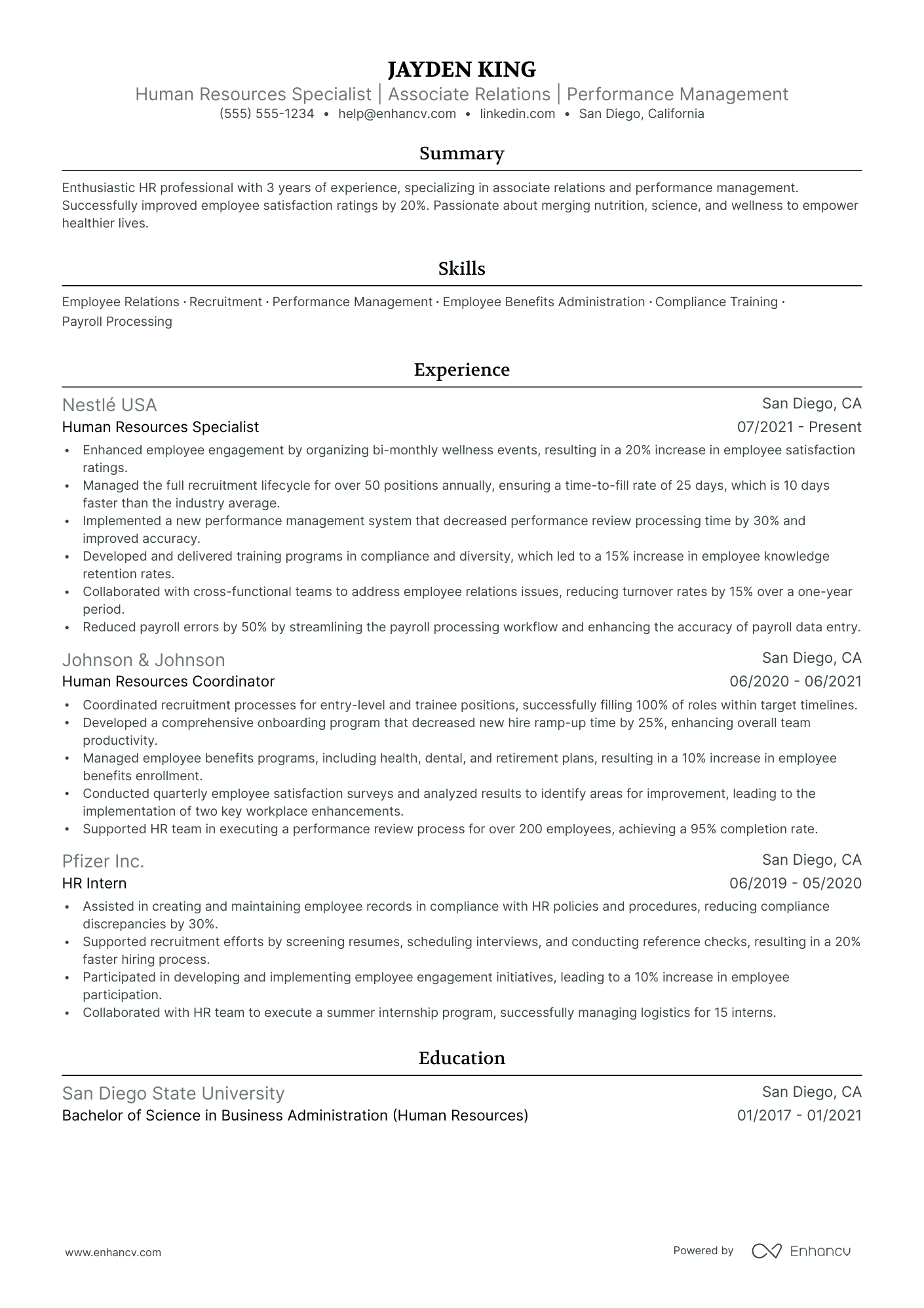 Human Resources Generalist resume example