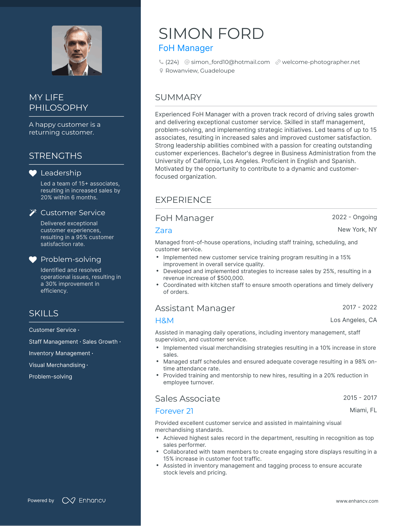 FoH Manager resume example