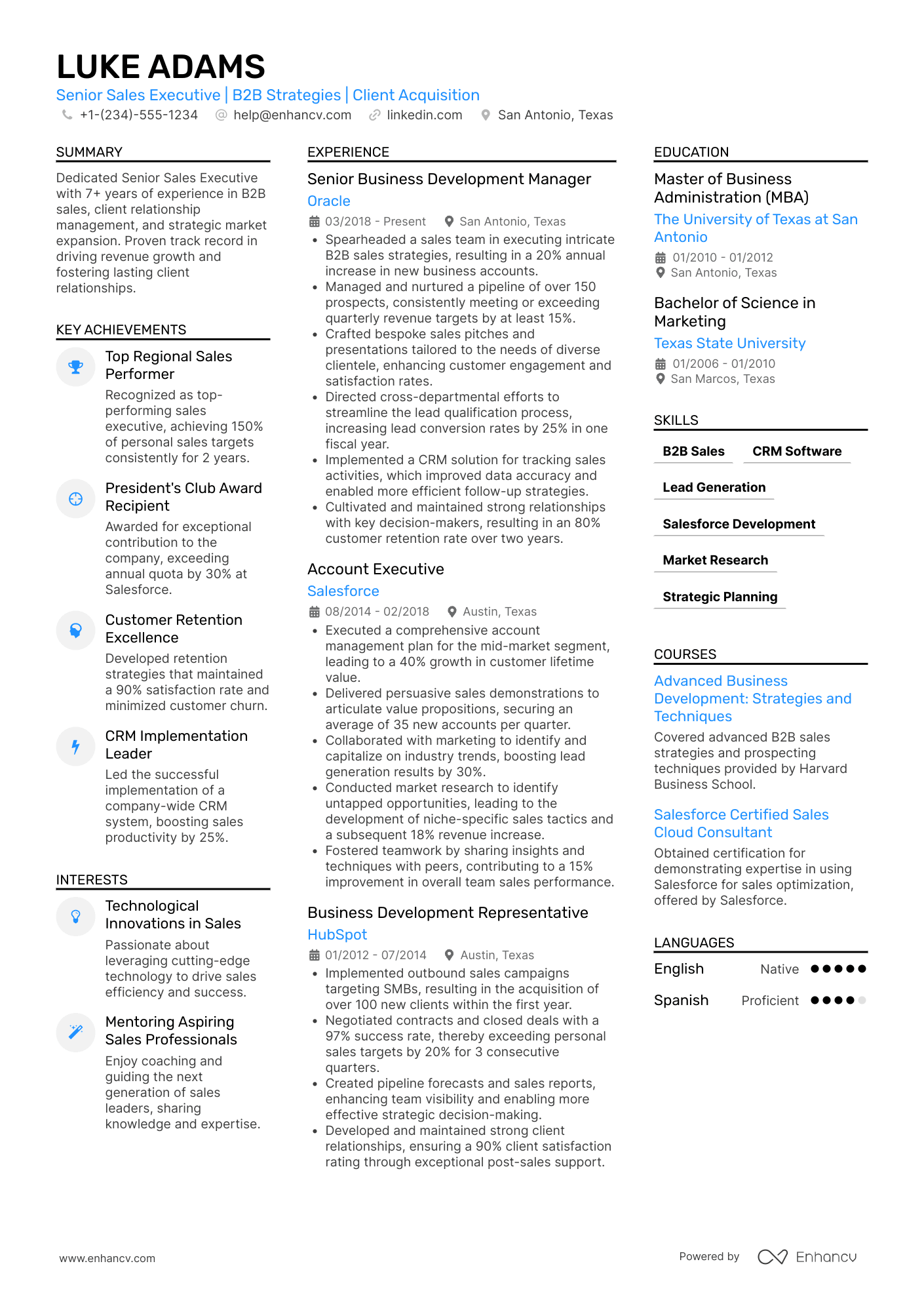 A three column resume template with an image in the header. Perfect if you have lots of experience to show on your resume. Blue colored accents.