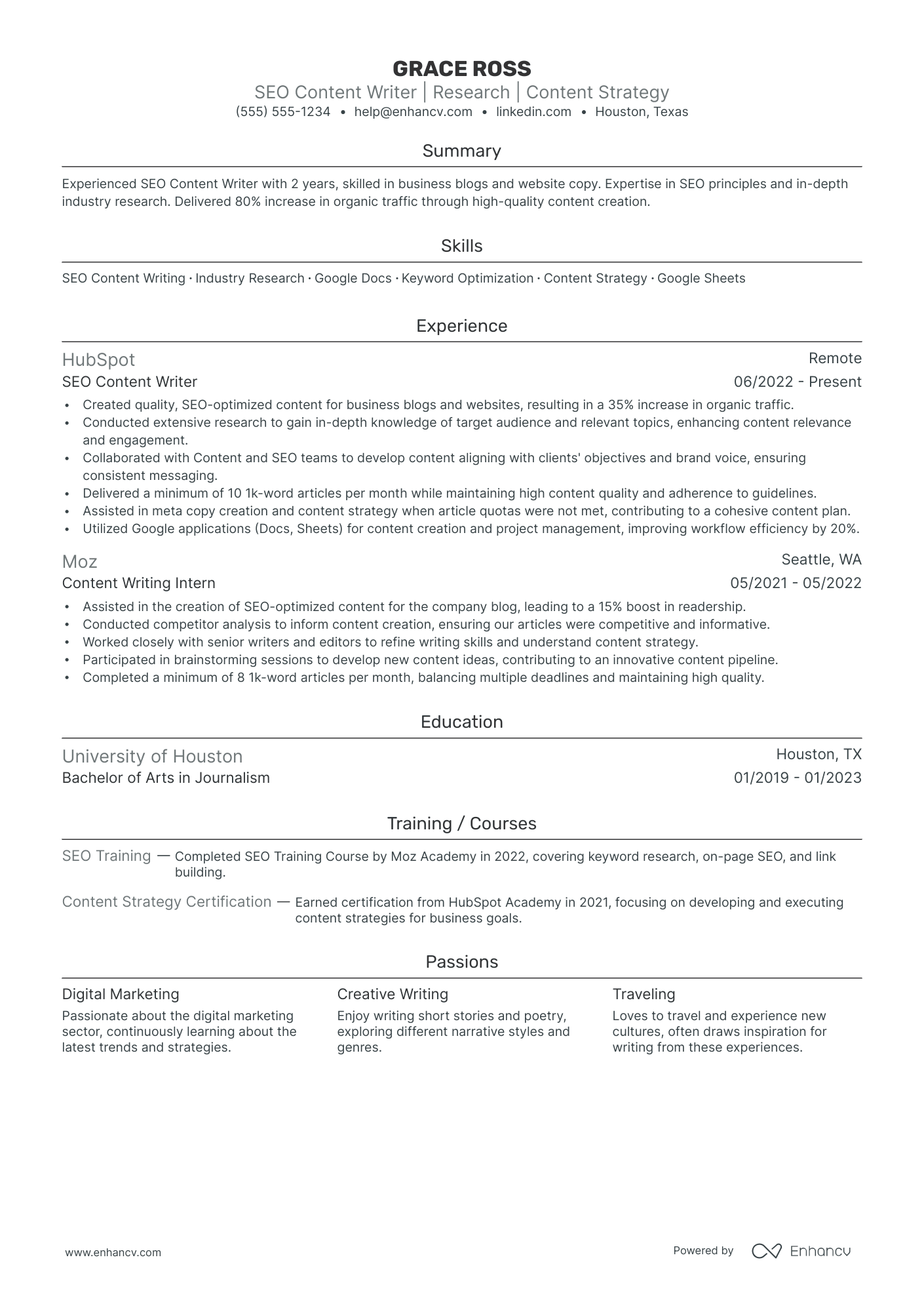 SEO Content Writer resume example