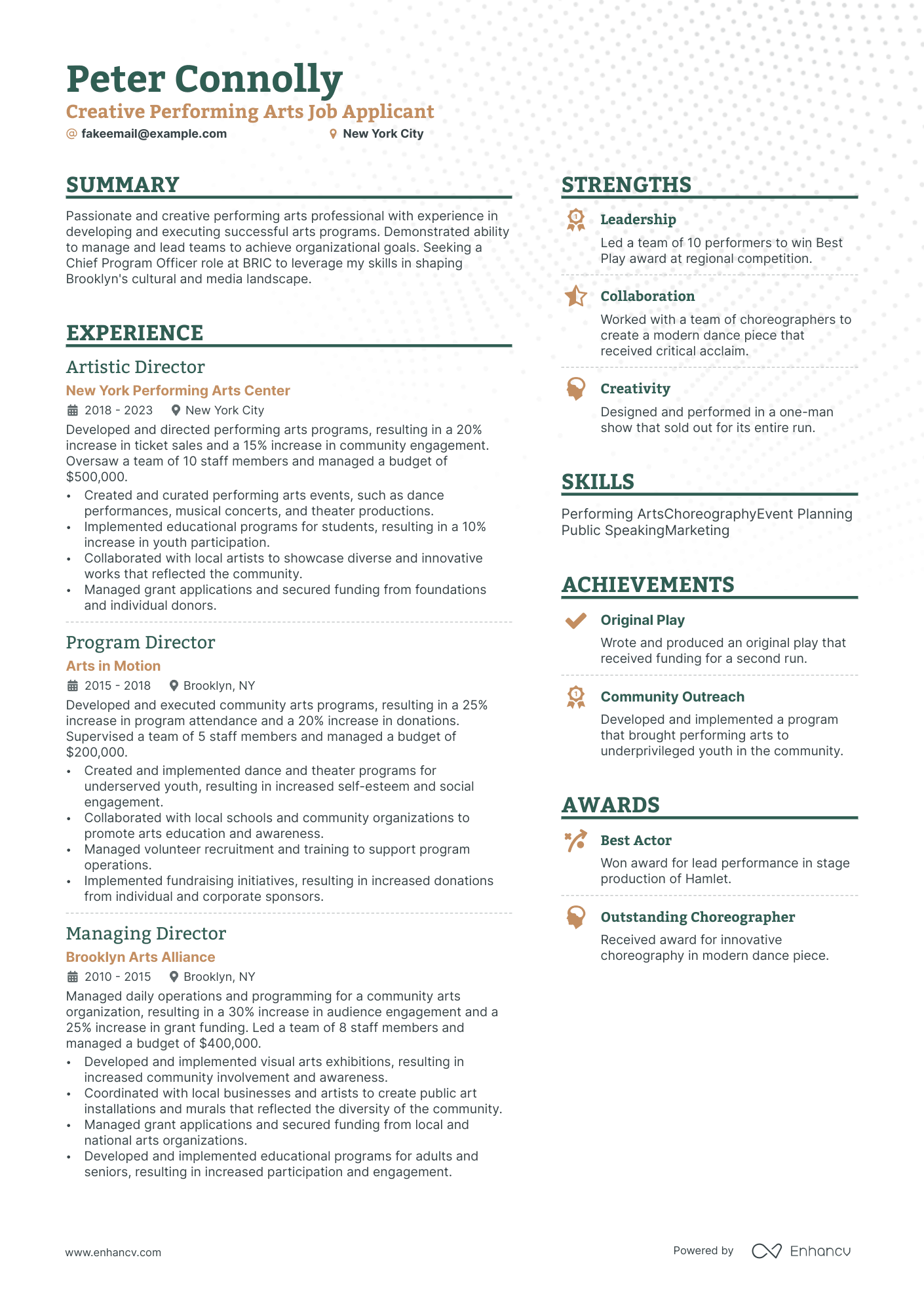 performing arts resume example