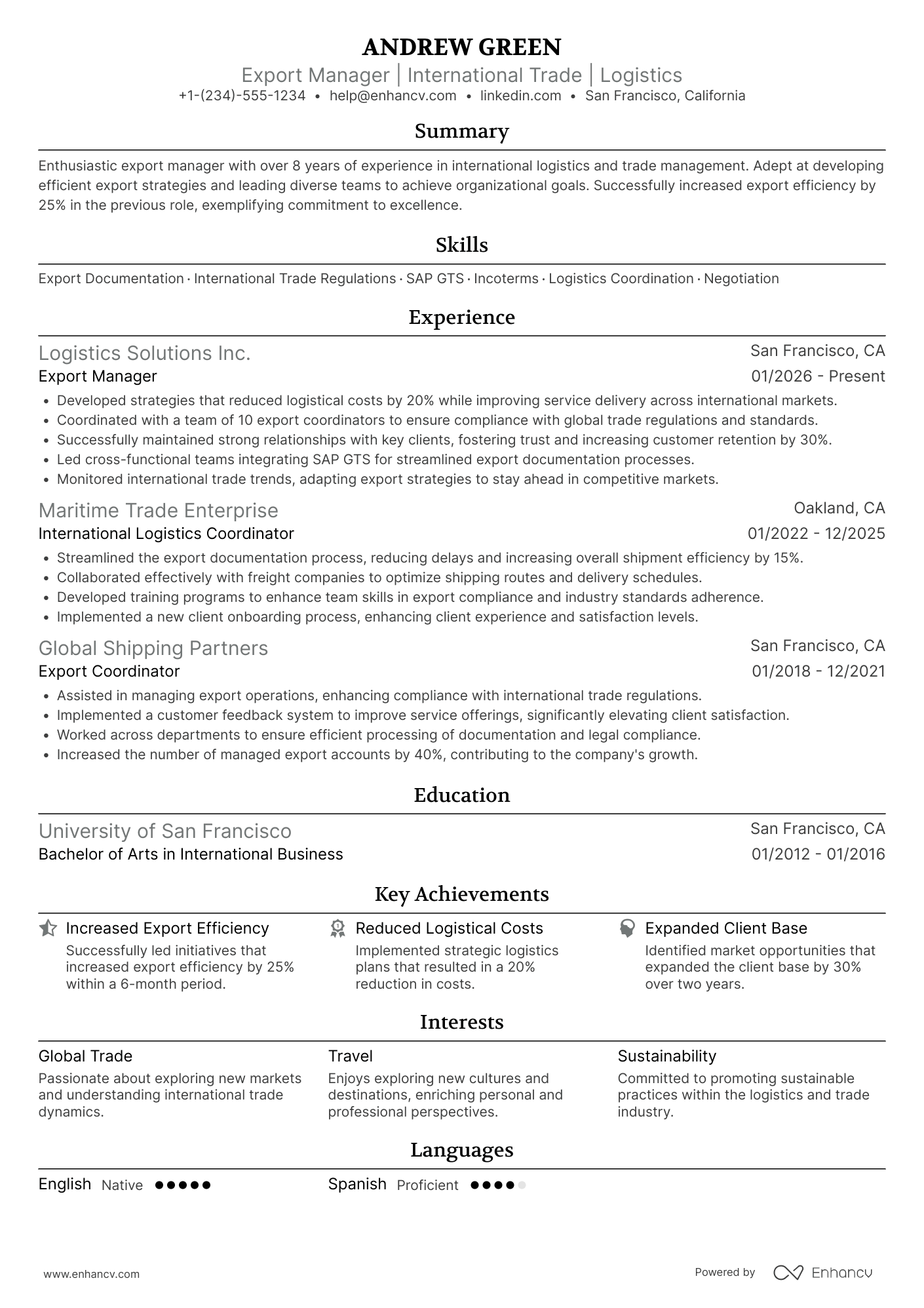 Export Manager resume example