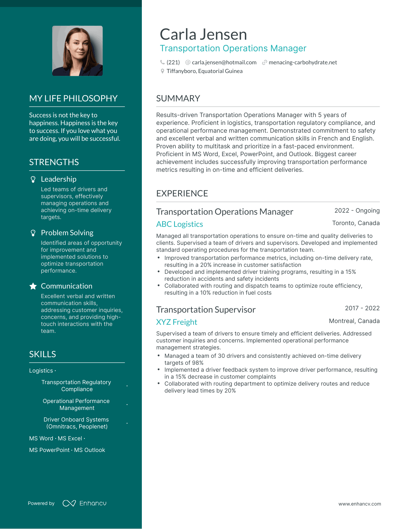 Creative Transportation Operations Manager Resume Example