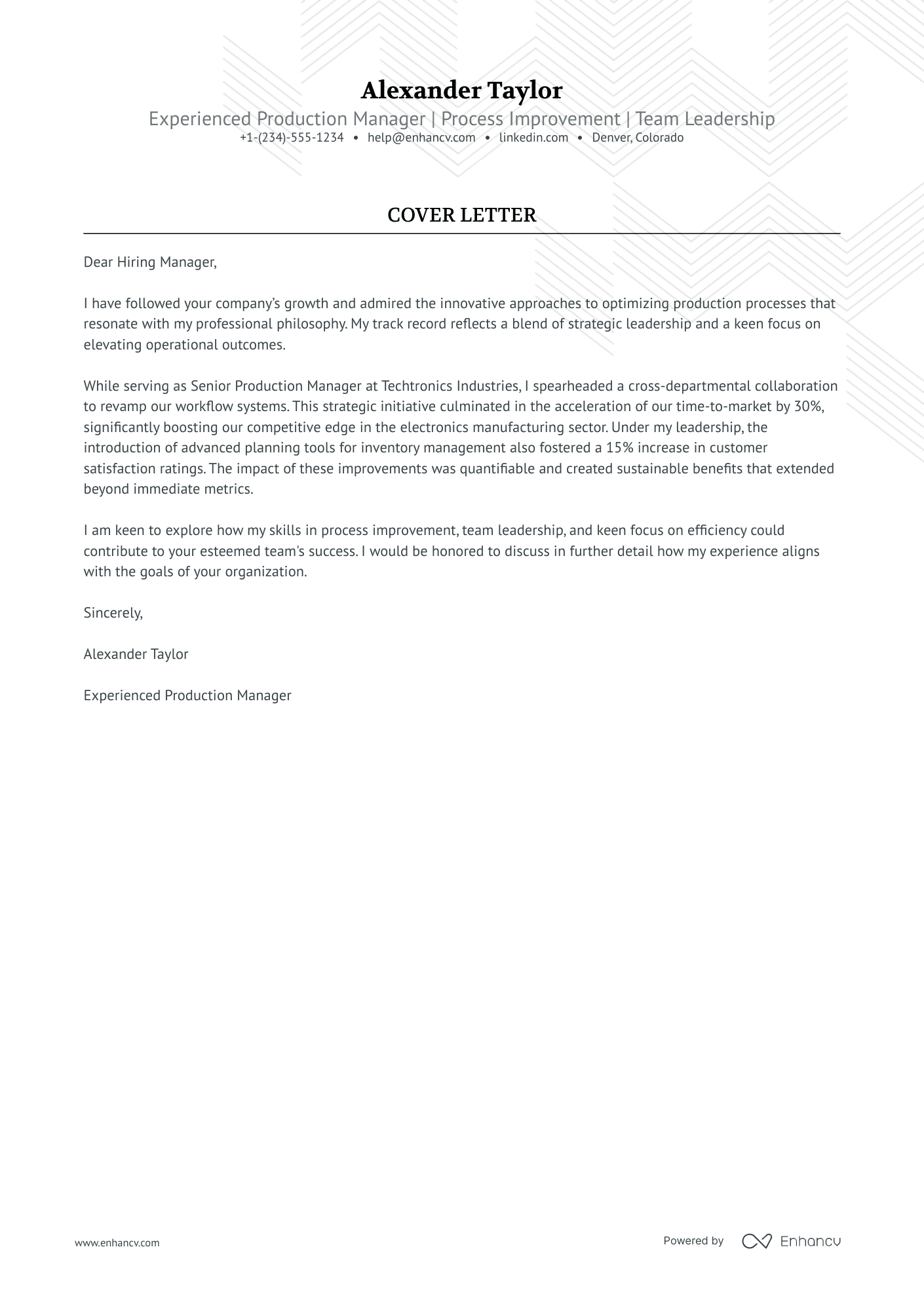 Production Manager cover letter