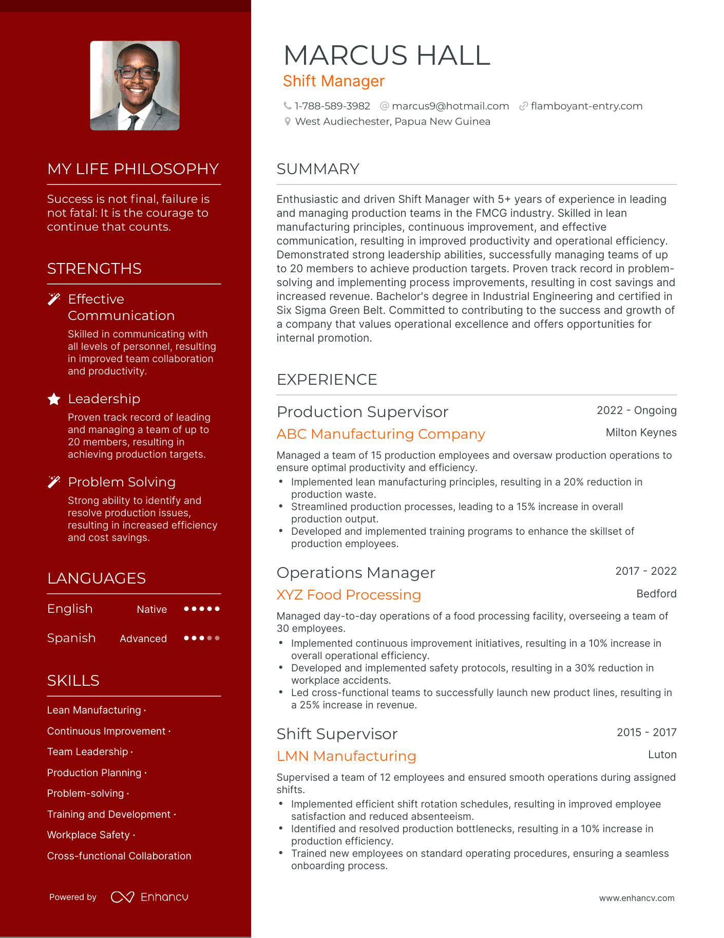 Shift Manager resume example