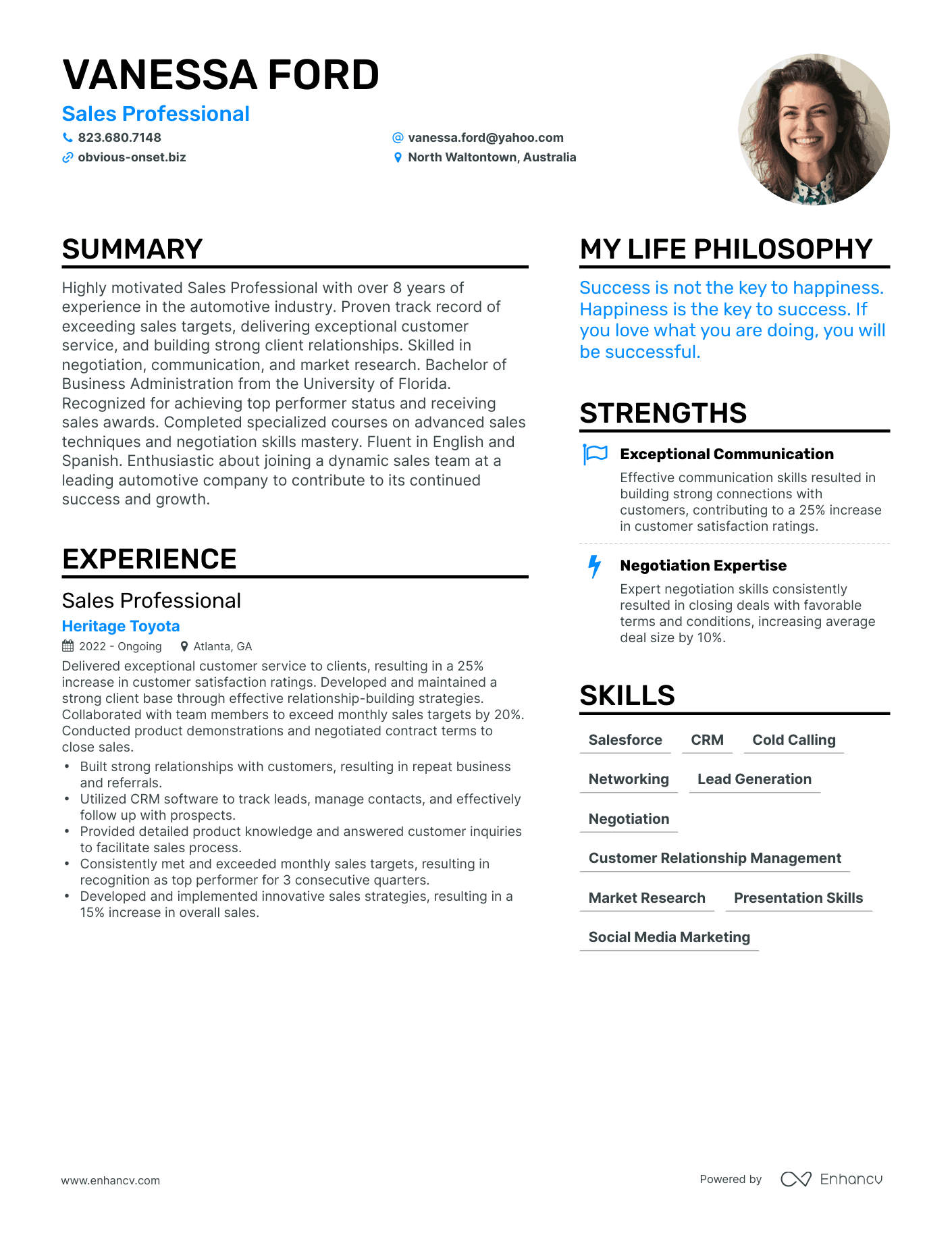 Modern Sales Professional Resume Example