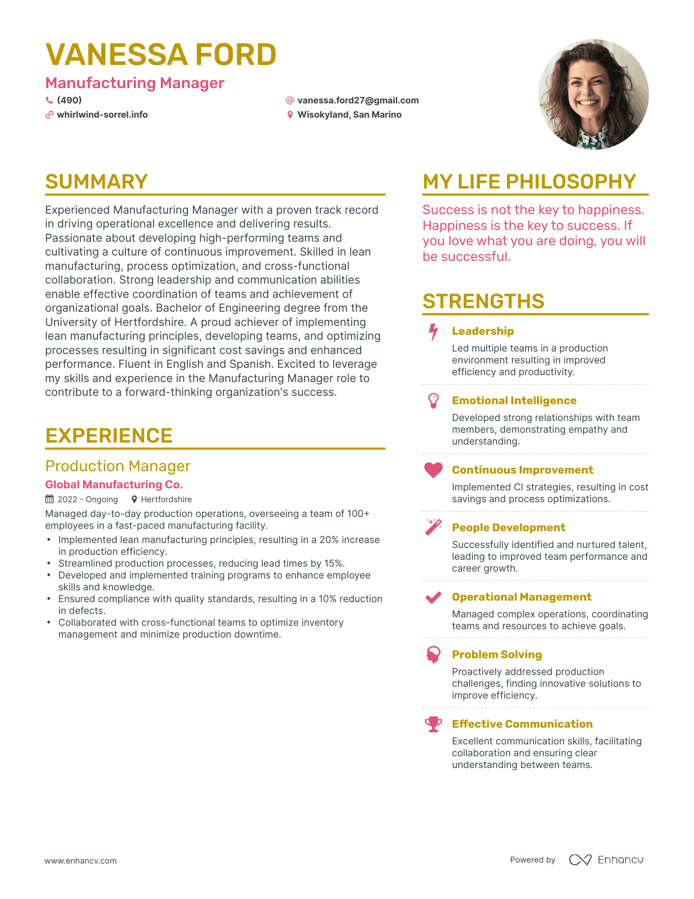 Modern Manufacturing Manager Resume Example