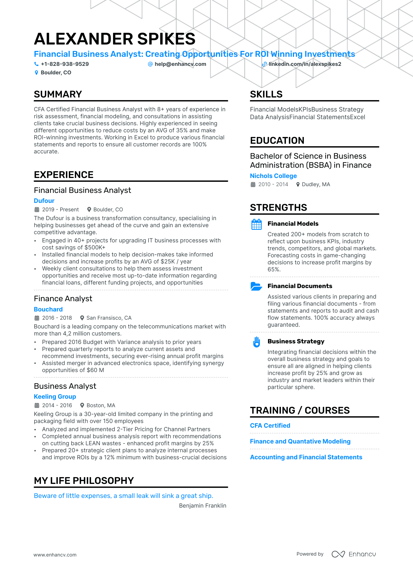 financial business analyst resume example
