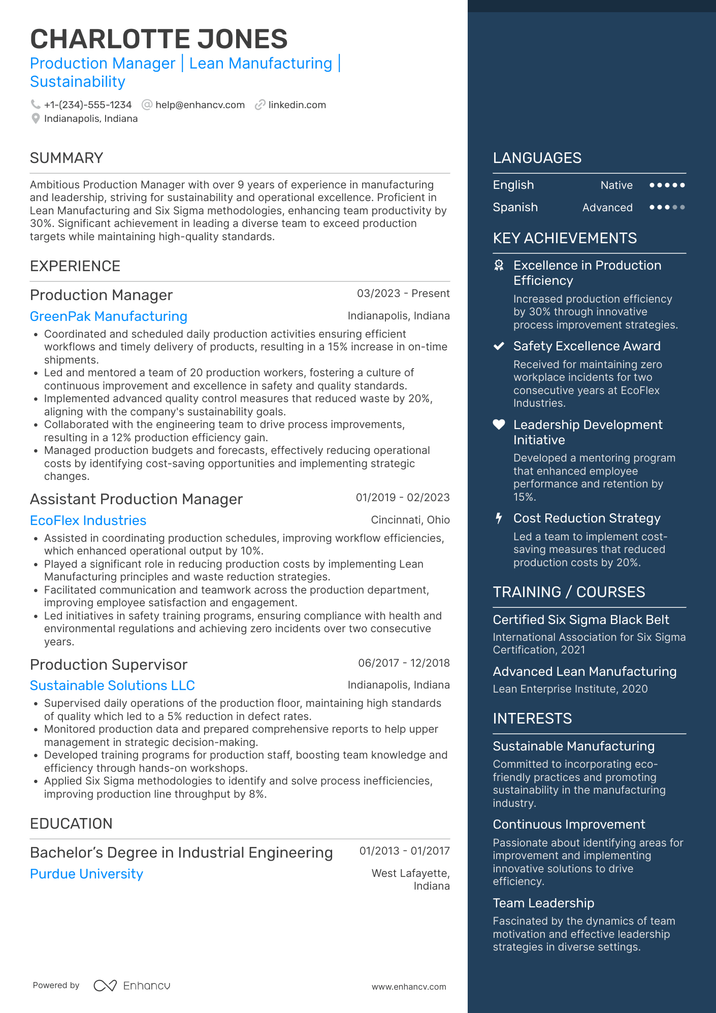 Production Manager resume example