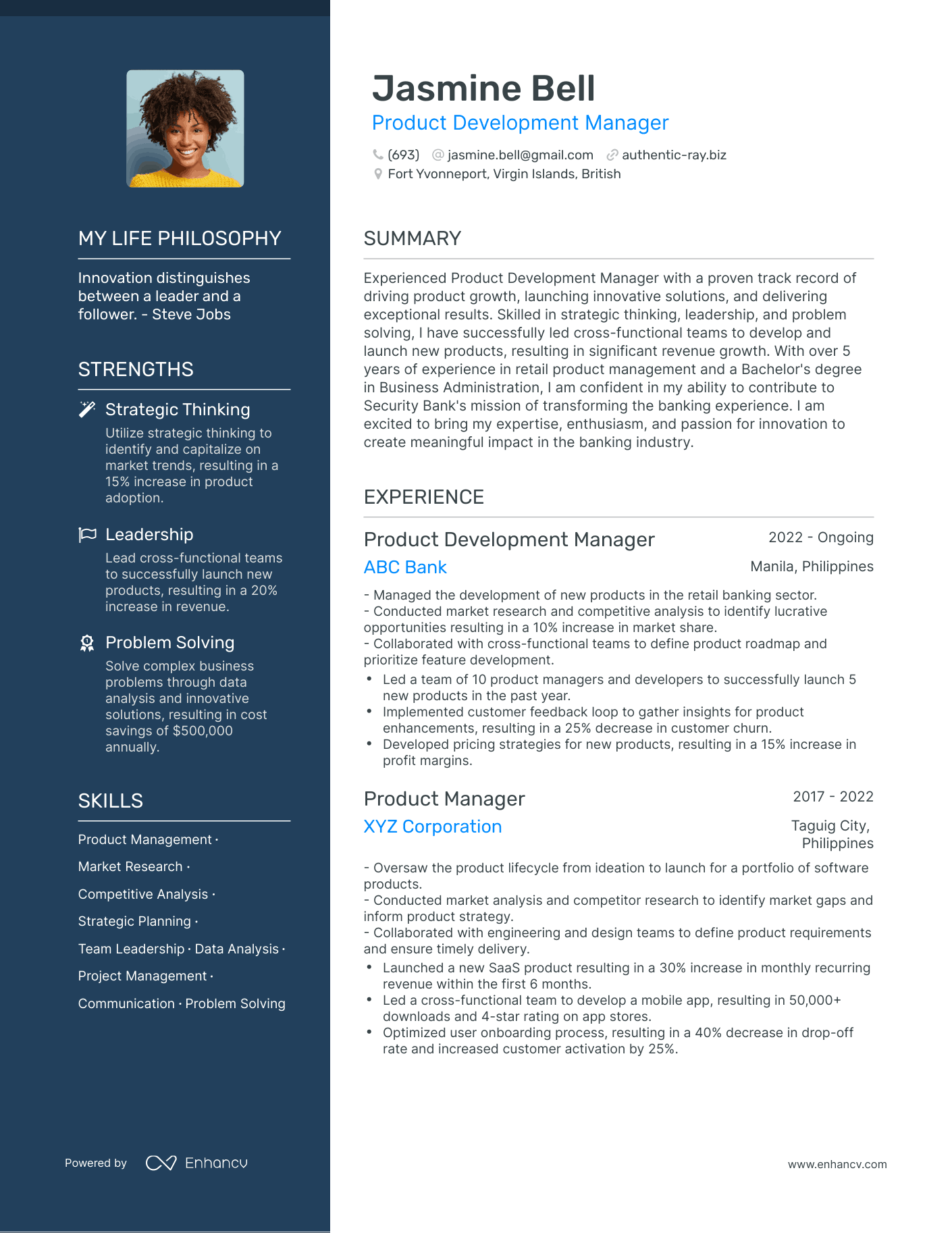 Product Development Manager resume example