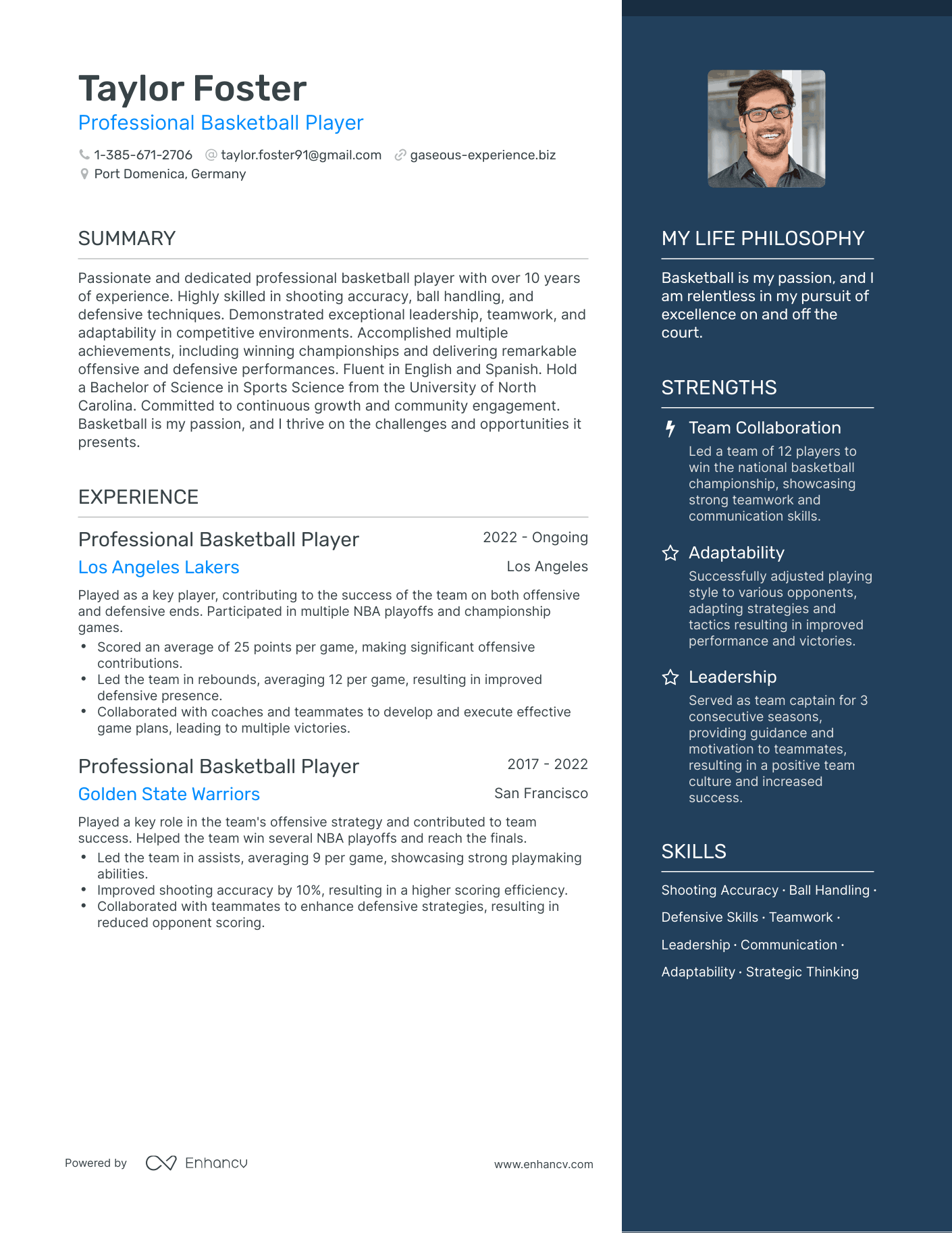 Professional Basketball Player resume example