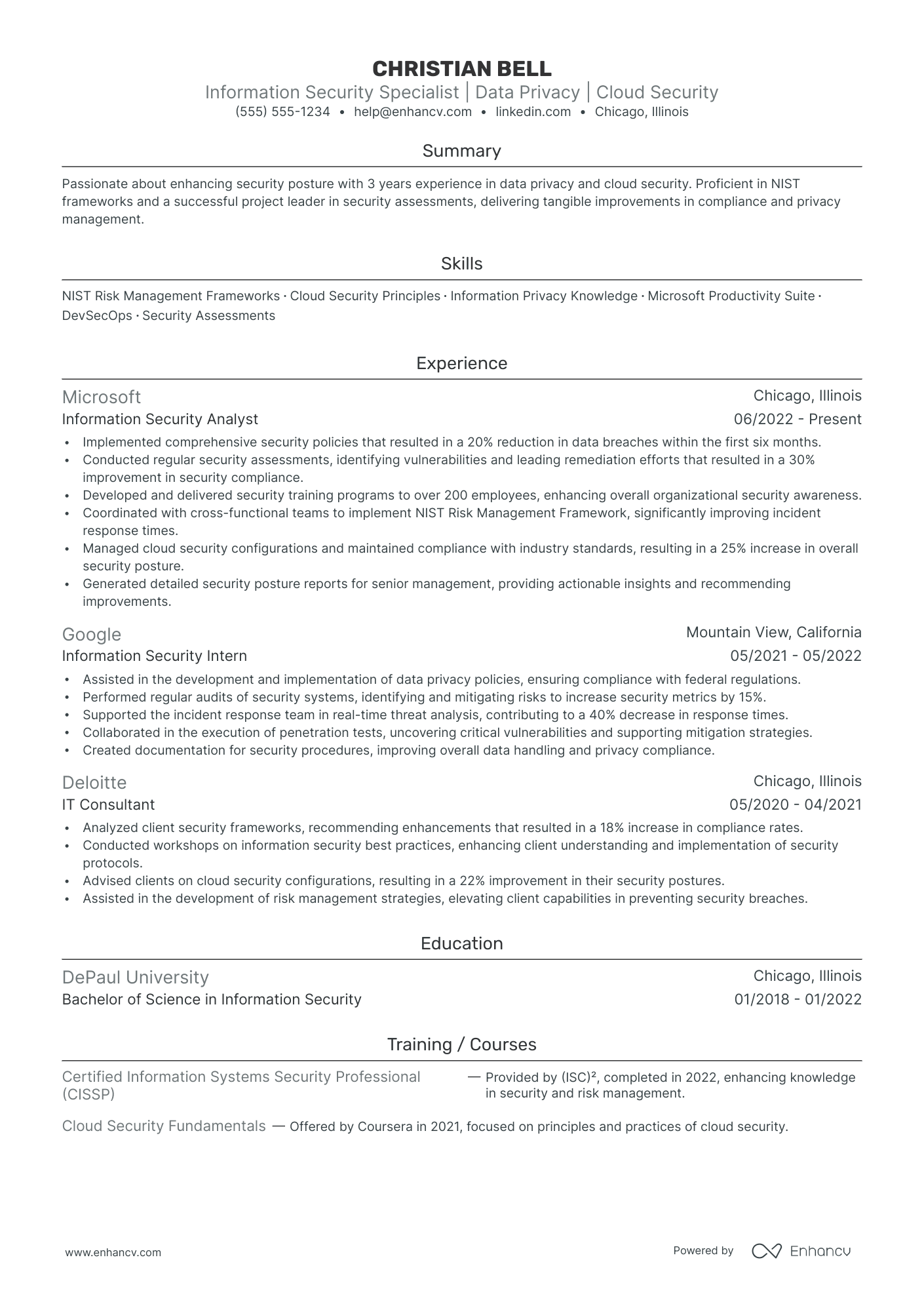 Information Security Compliance Analyst resume example