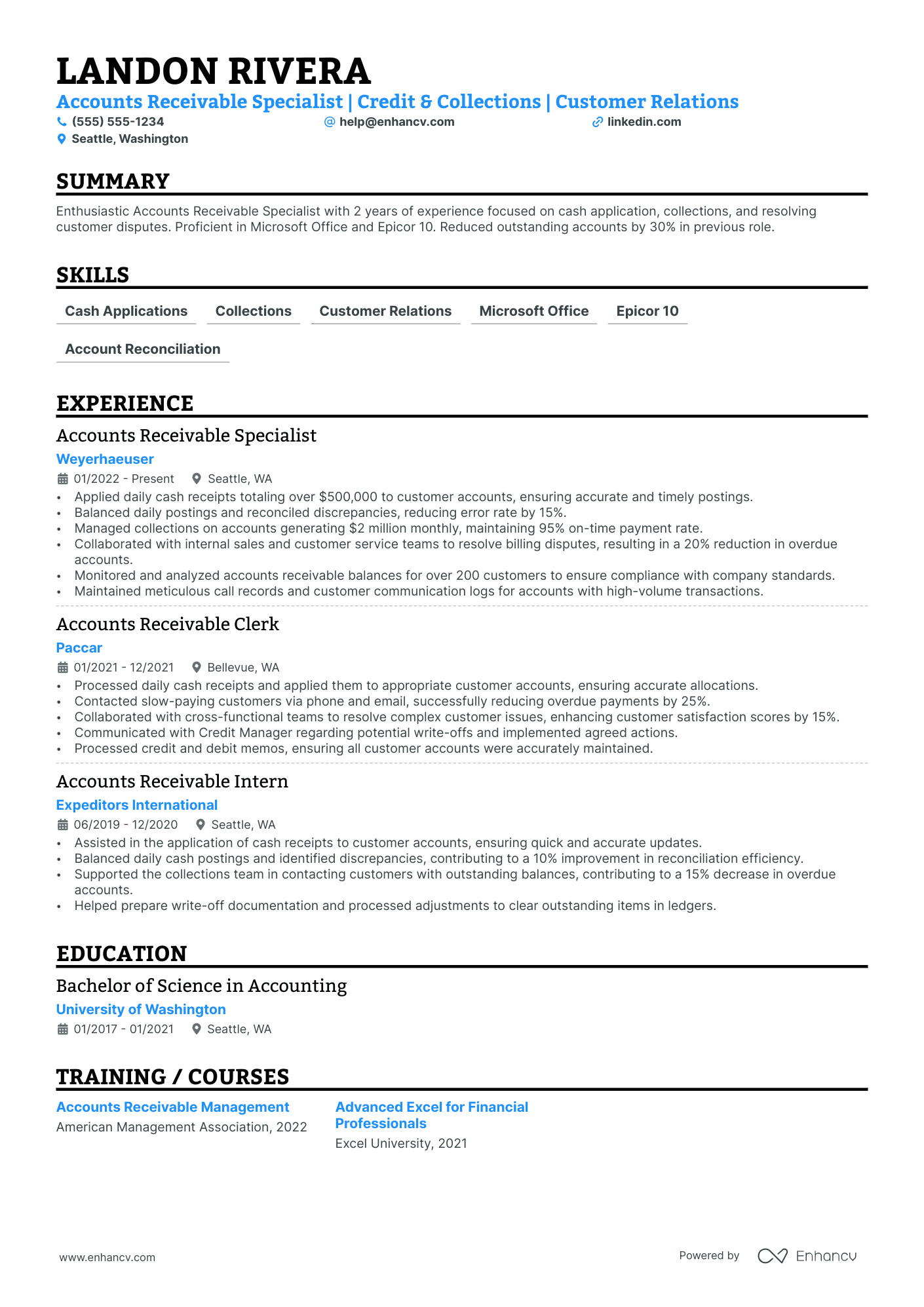 Accounts Receivable Clerk resume example