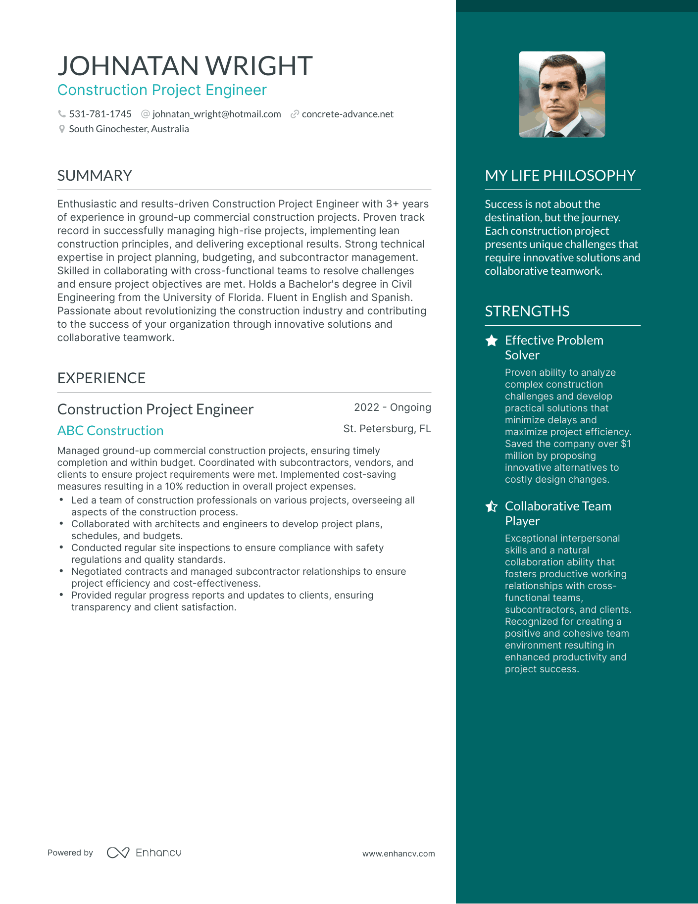 Construction Project Engineer resume example
