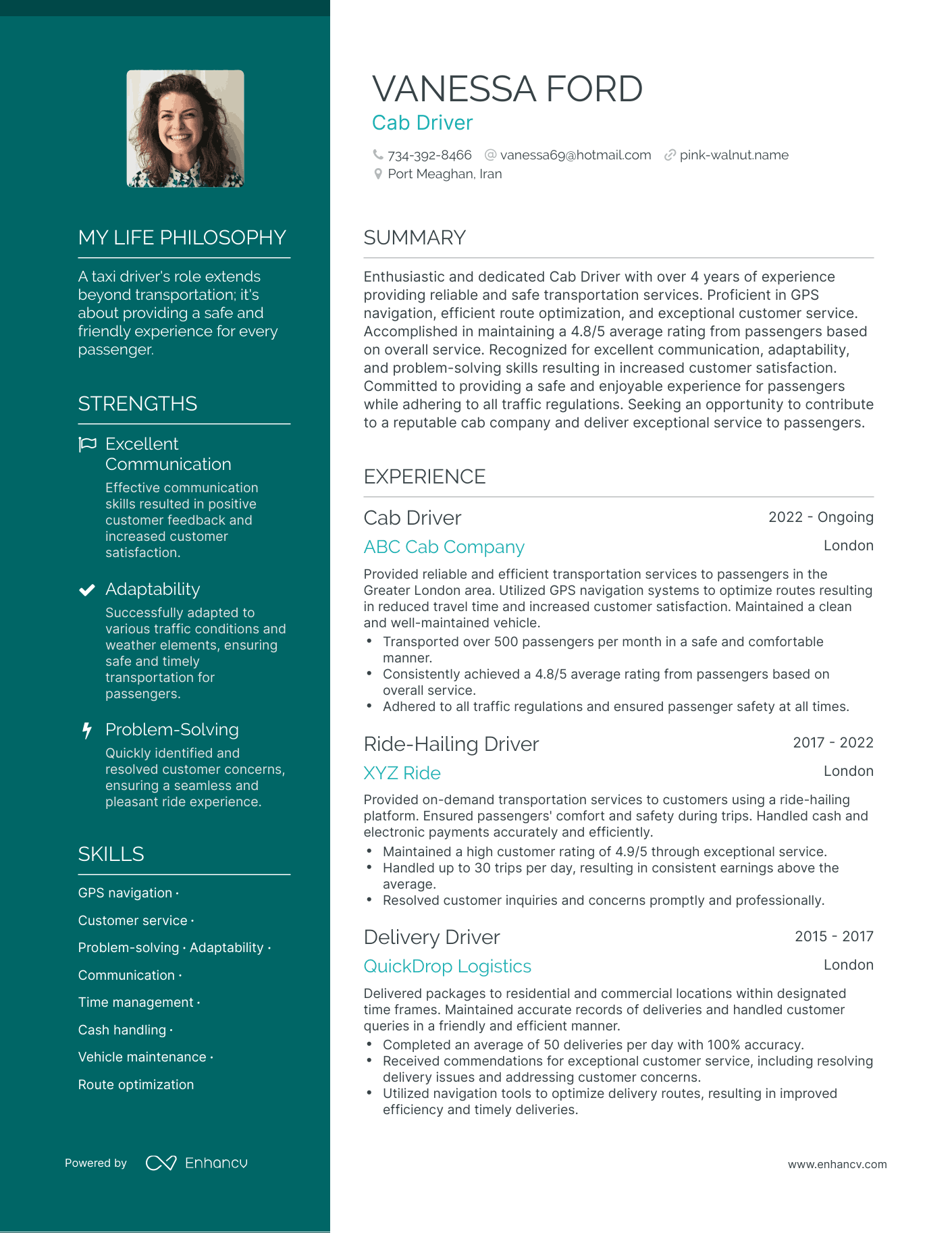 Cab Driver resume example