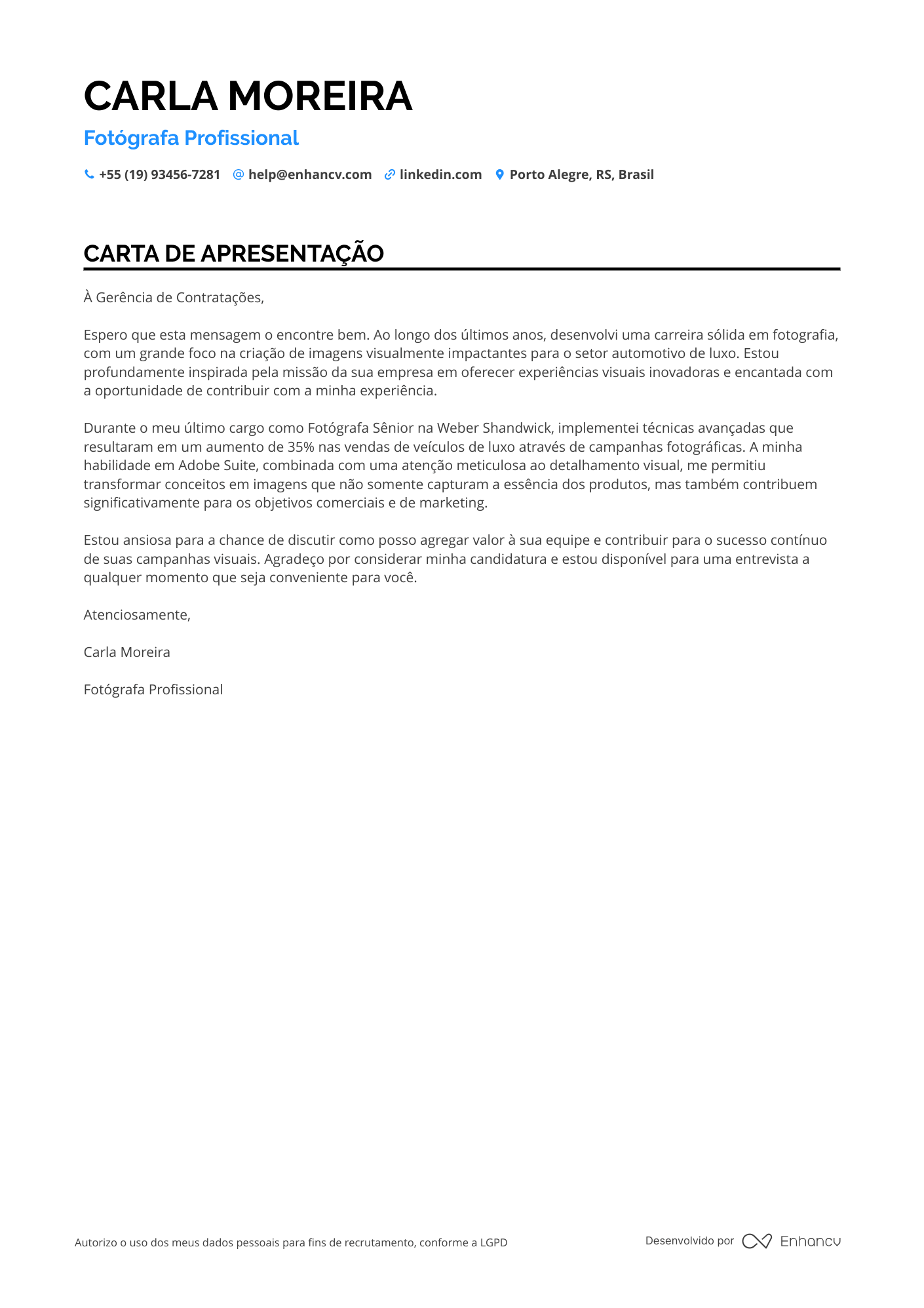 Fotógrafo Carta de apresentação