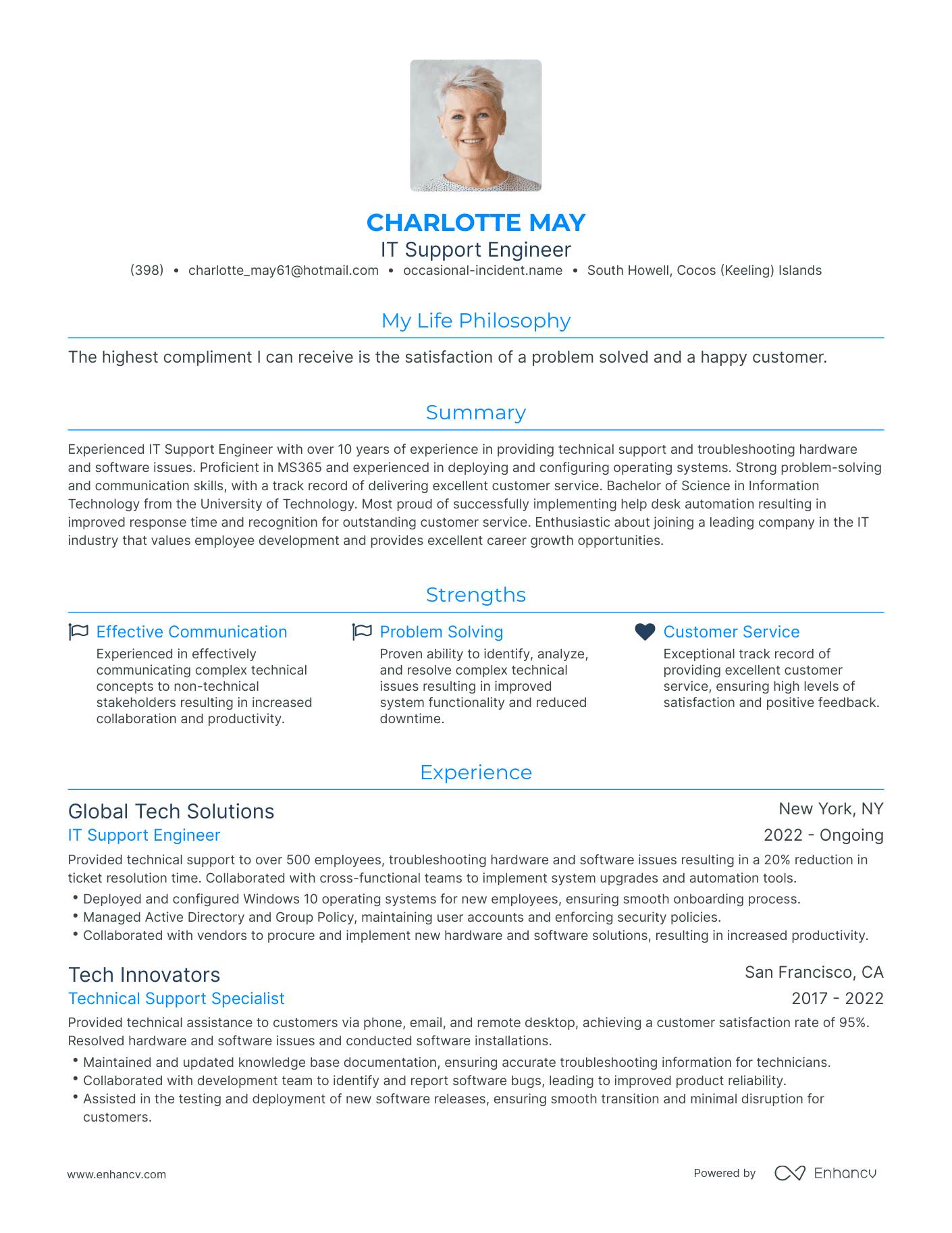 Modern IT Support Engineer Resume Example