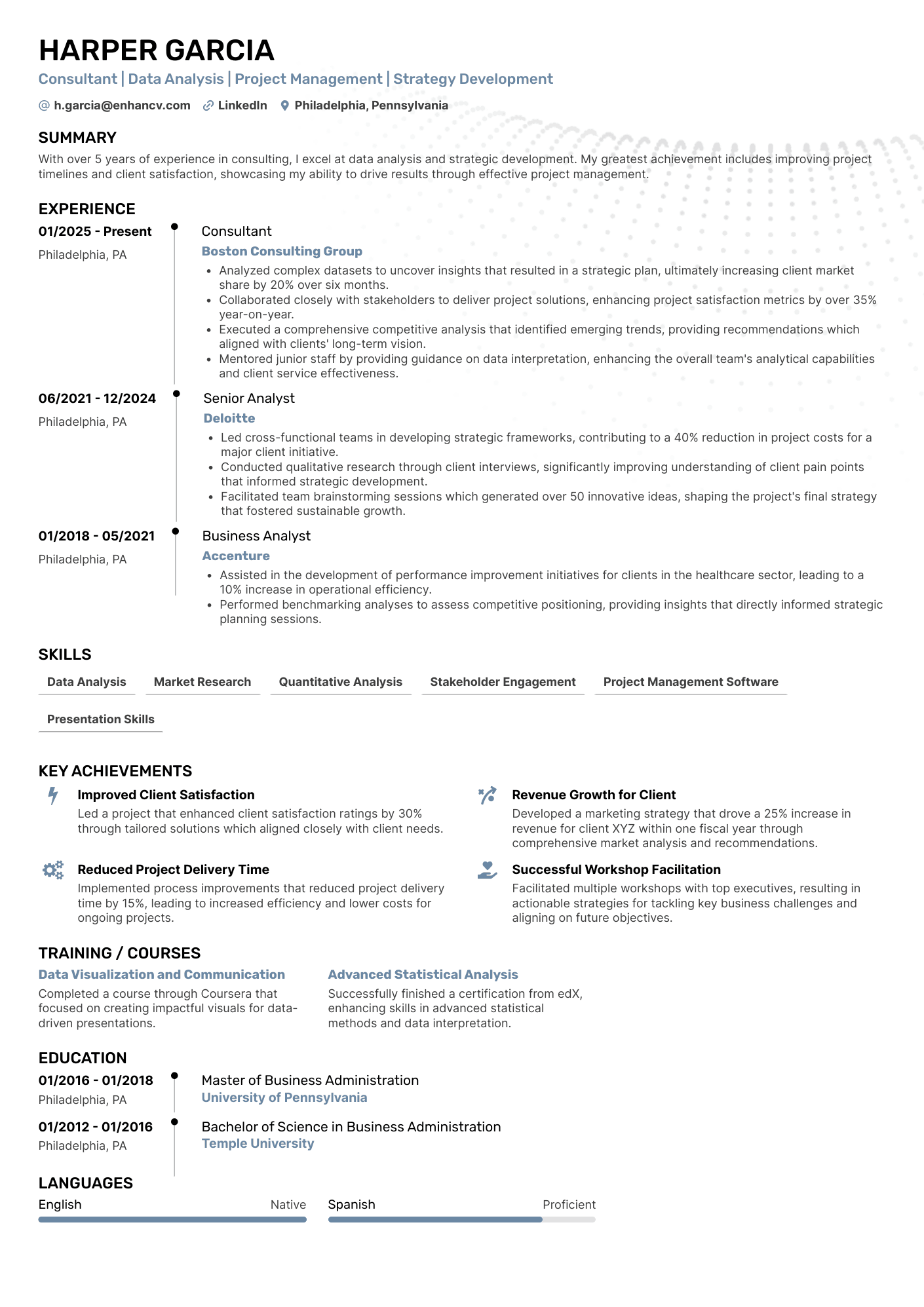 A single column timeline consulting resume template with blue accent colors.