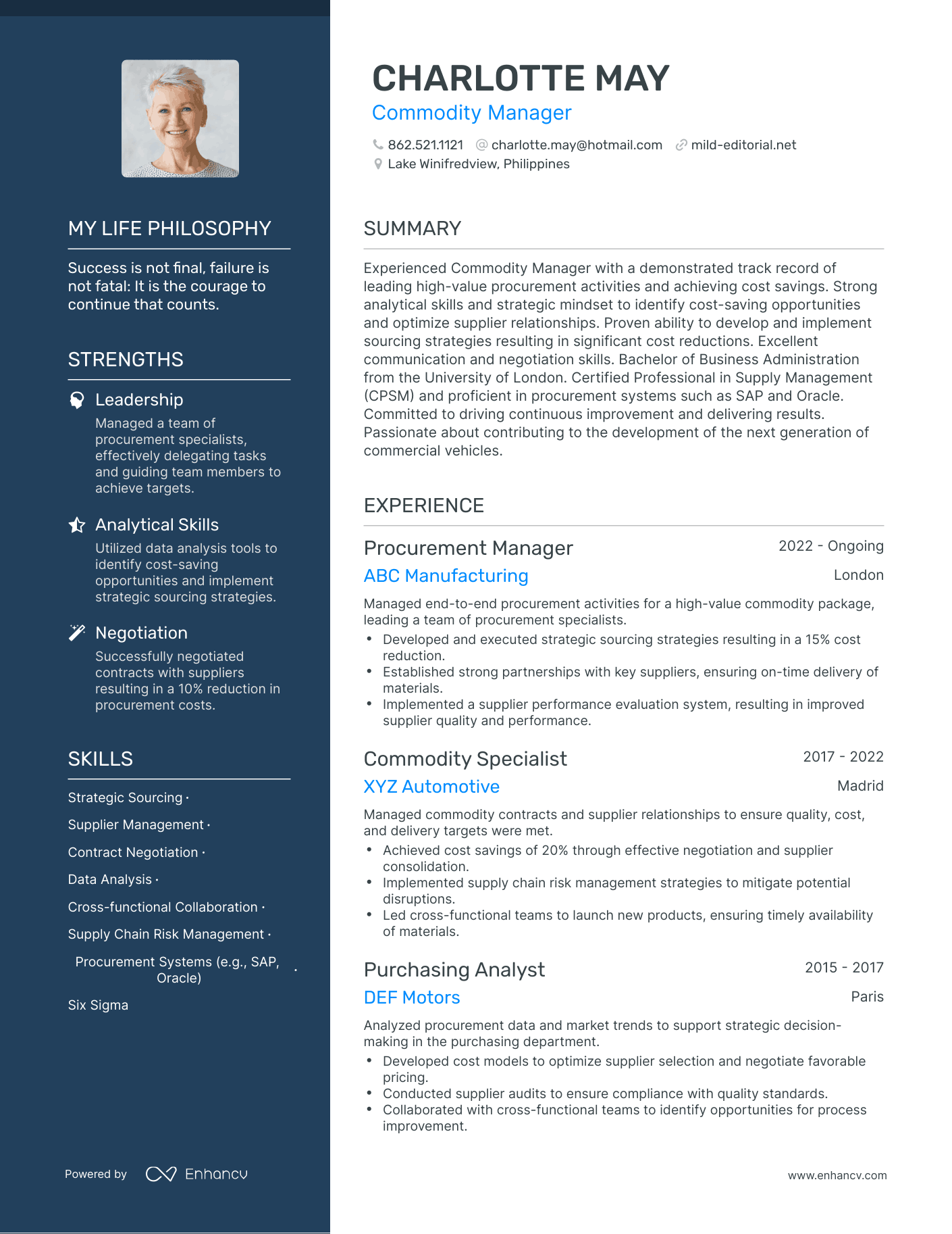 Commodity Manager resume example