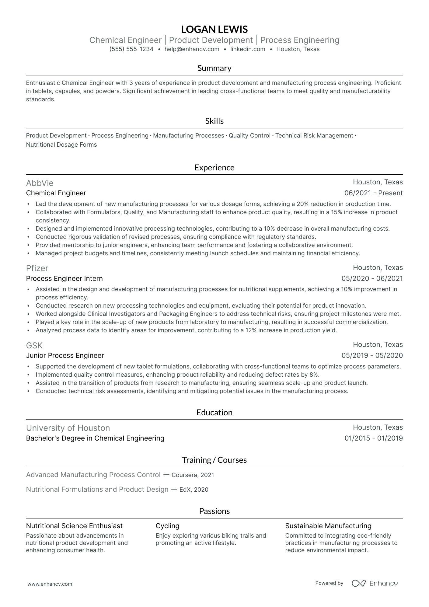 Chemical Research Engineer resume example