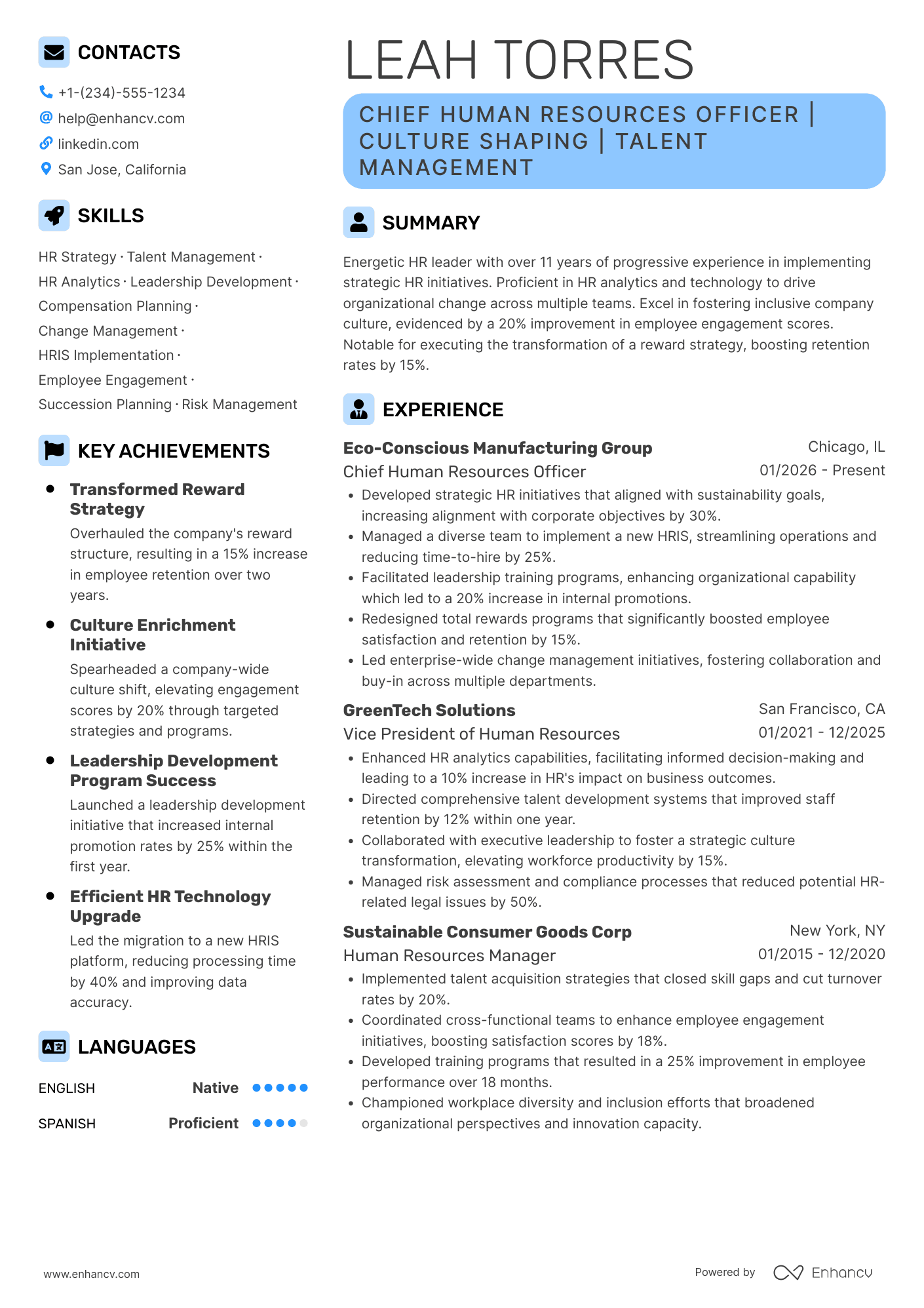 Chief Human Resources Officer resume example