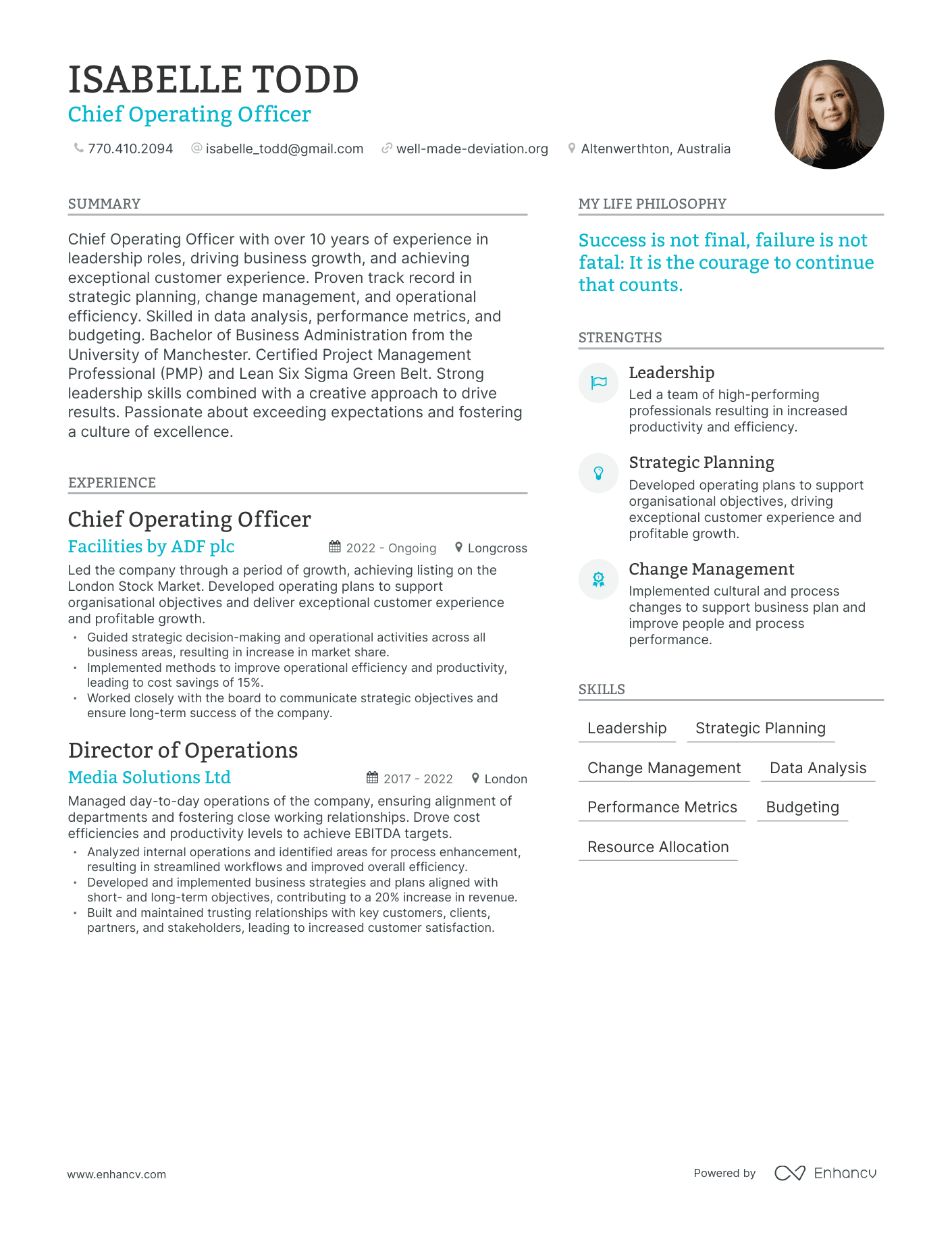 Chief Operating Officer resume example