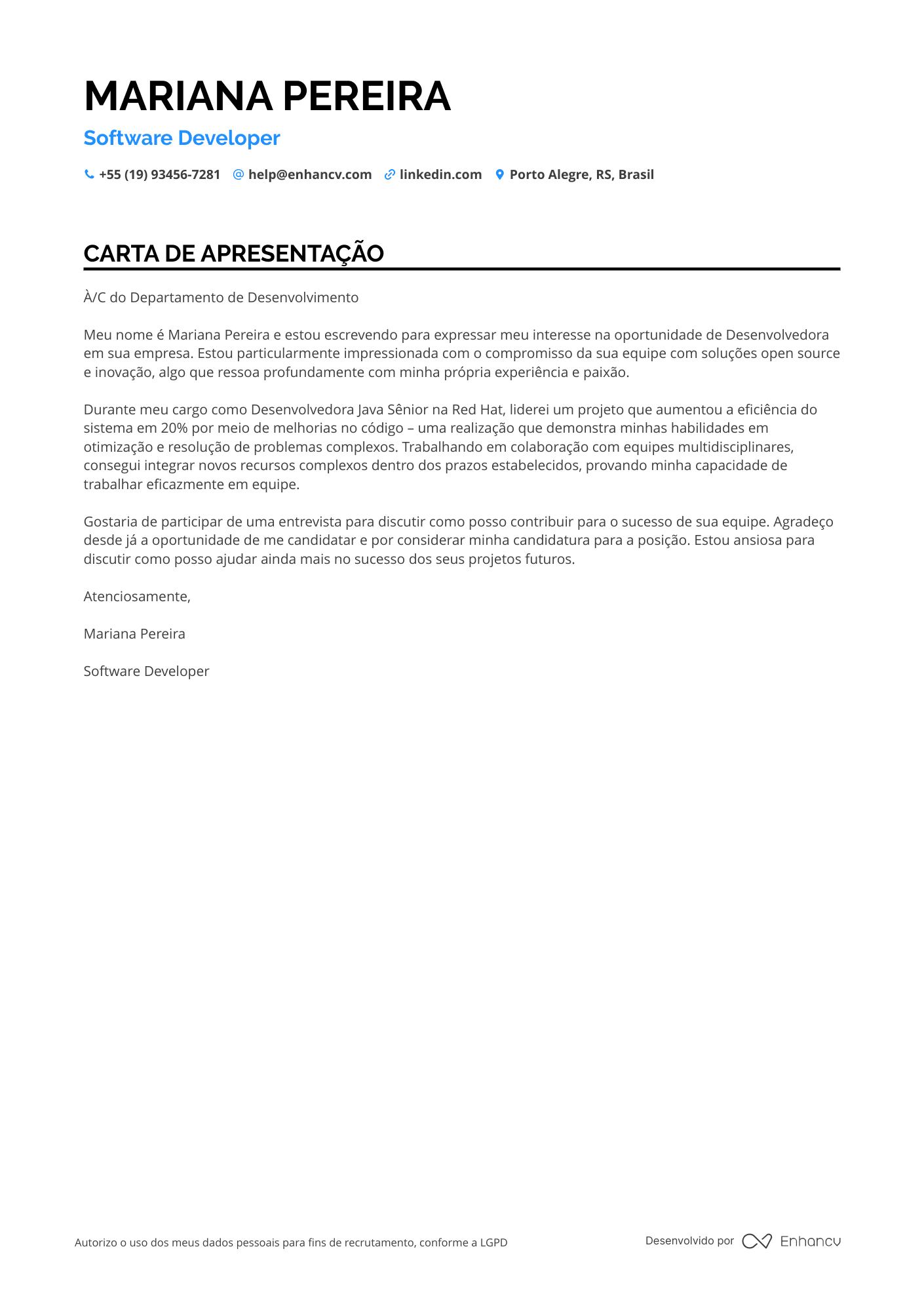 Engenheiro de software Carta de apresentação