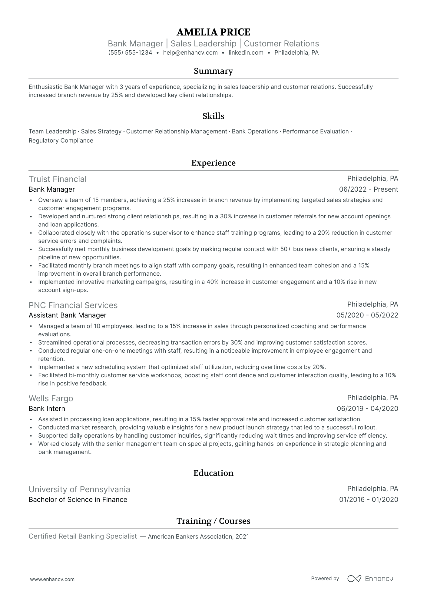 Bank Manager resume example