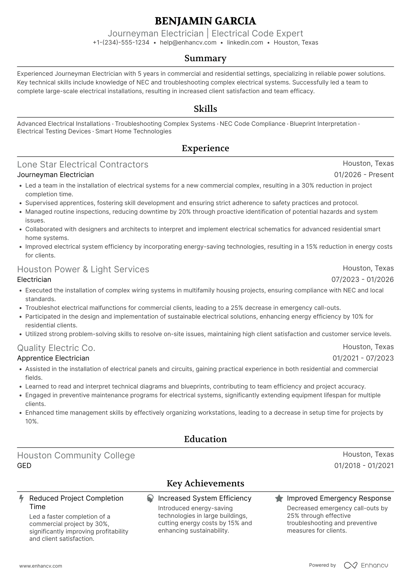 Journeyman Electrician resume example