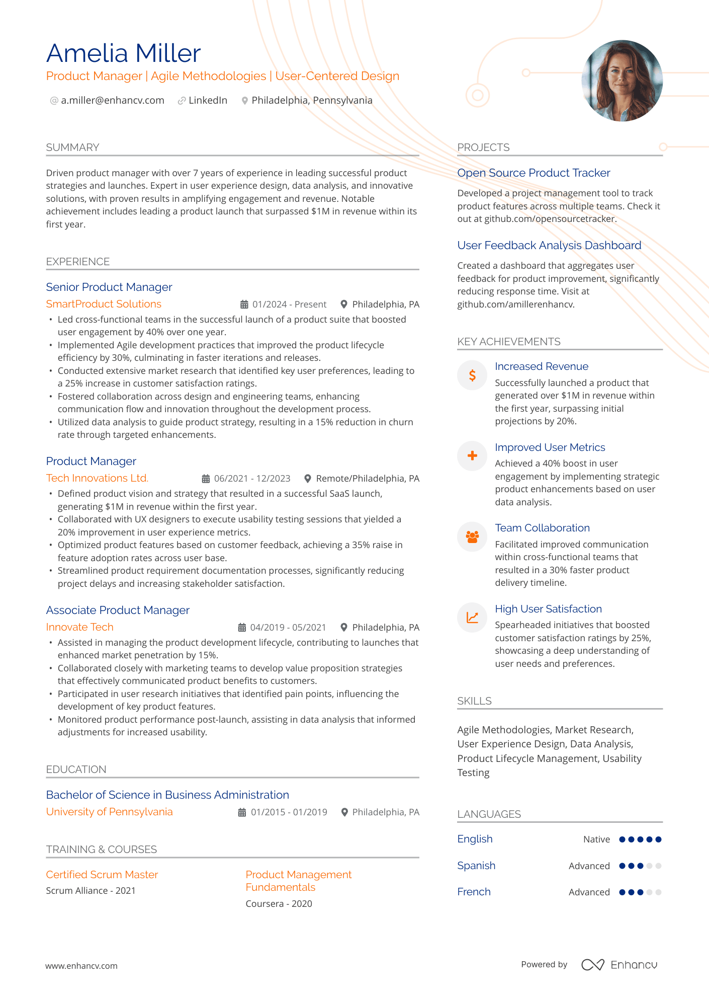 Modern ATS resume template featuring a two column layout with blue and orange accents and a real Product Manager resume example.