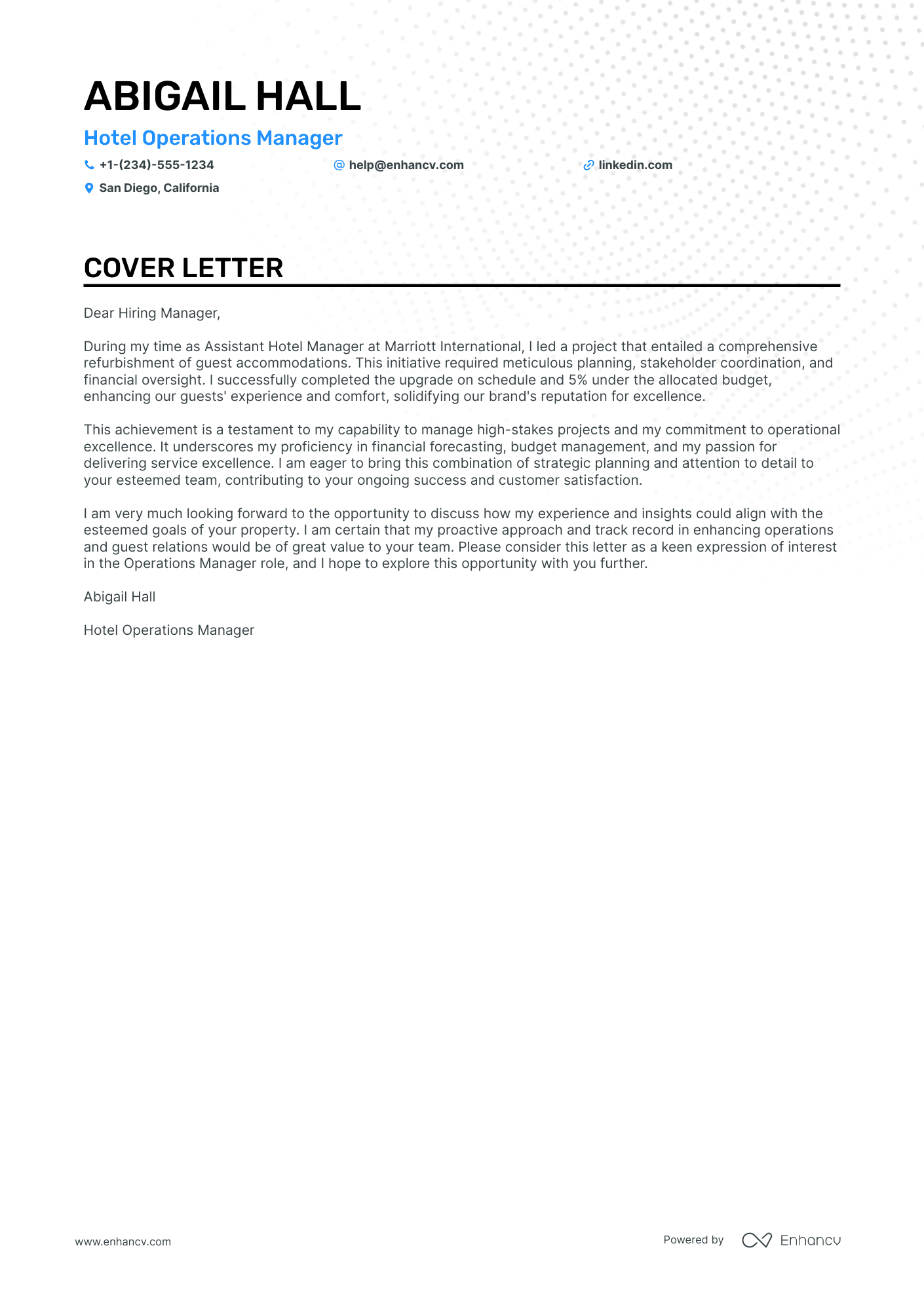 Hotel Operations Manager cover letter