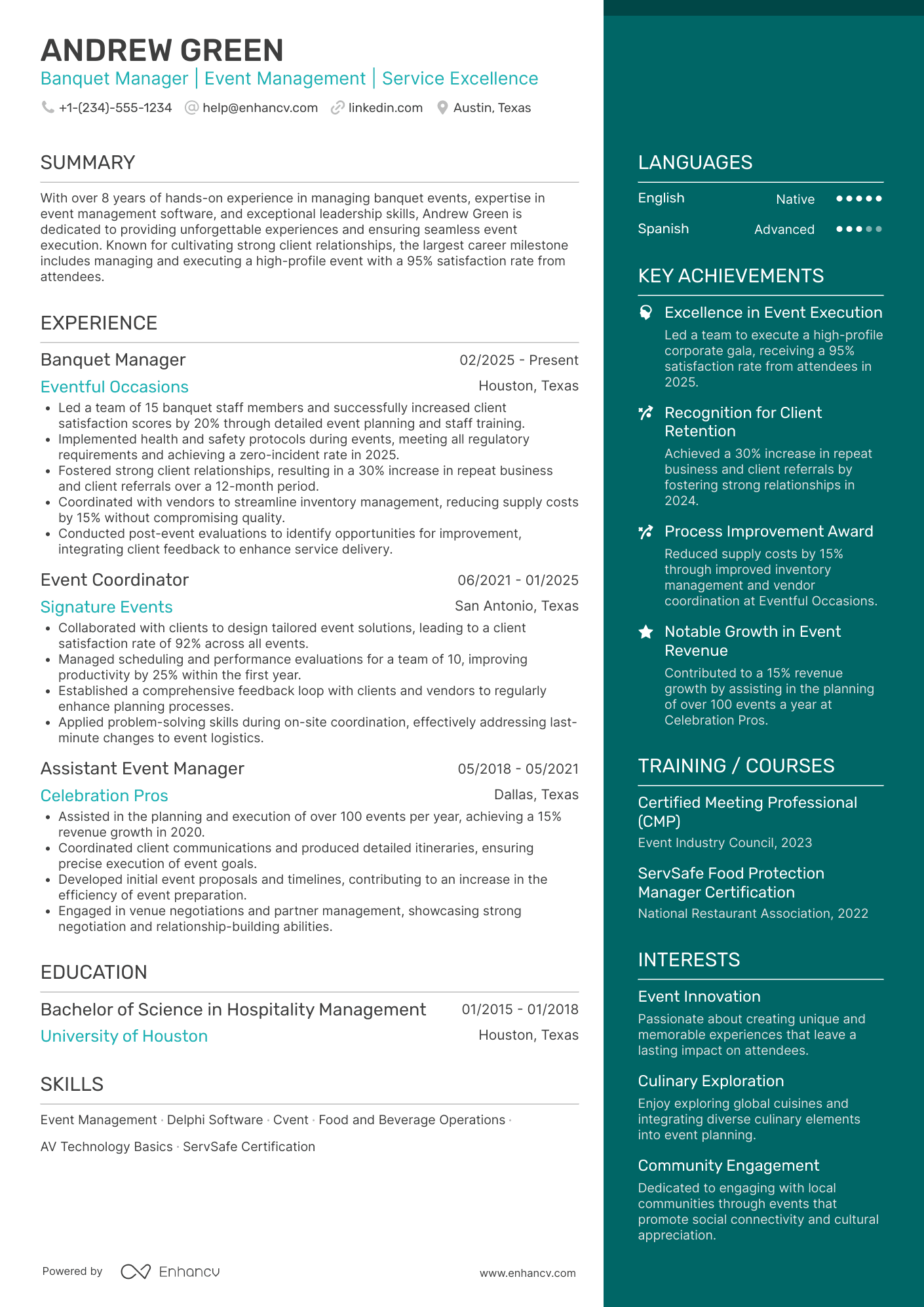 Banquet Manager resume example