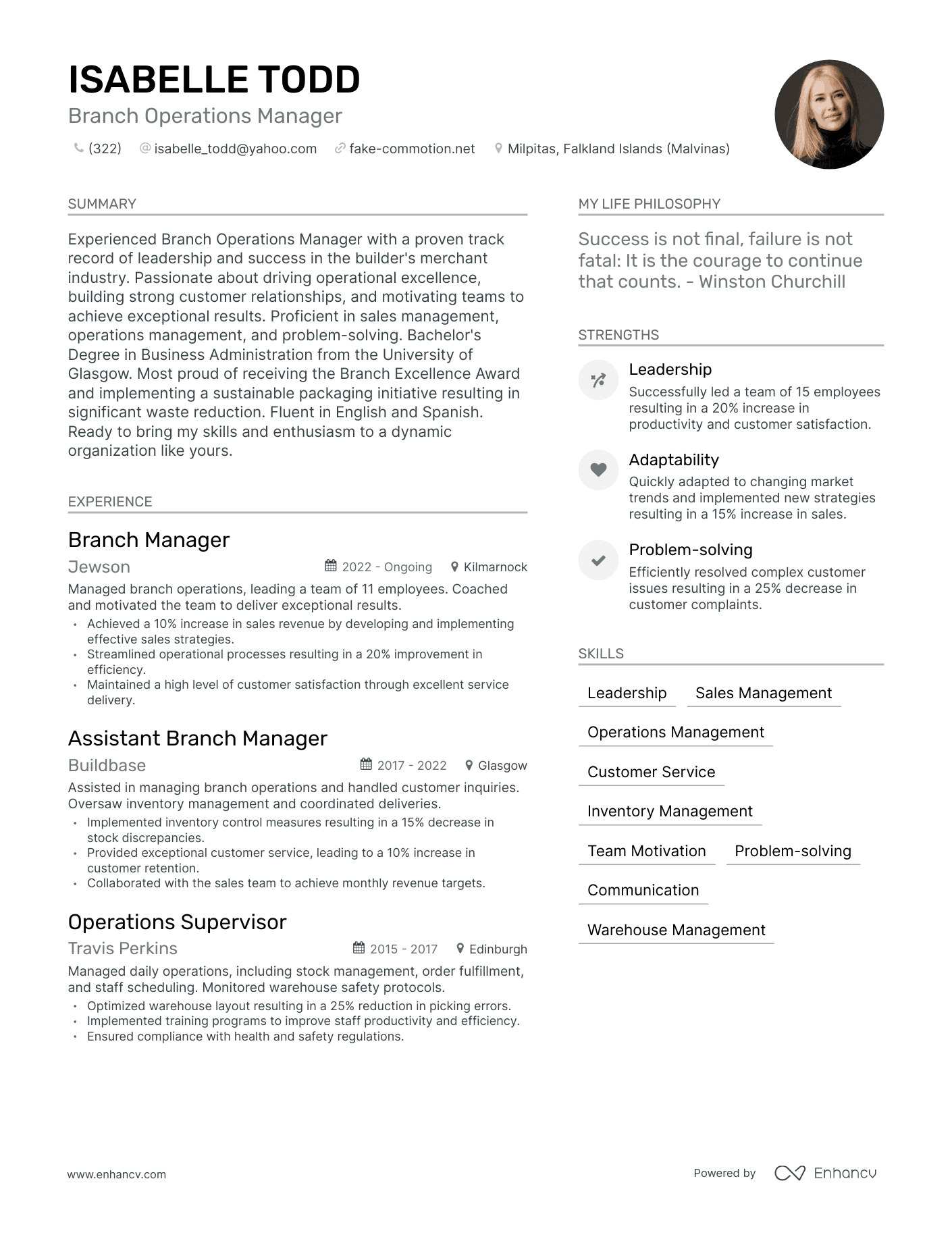 Branch Operations Manager resume example