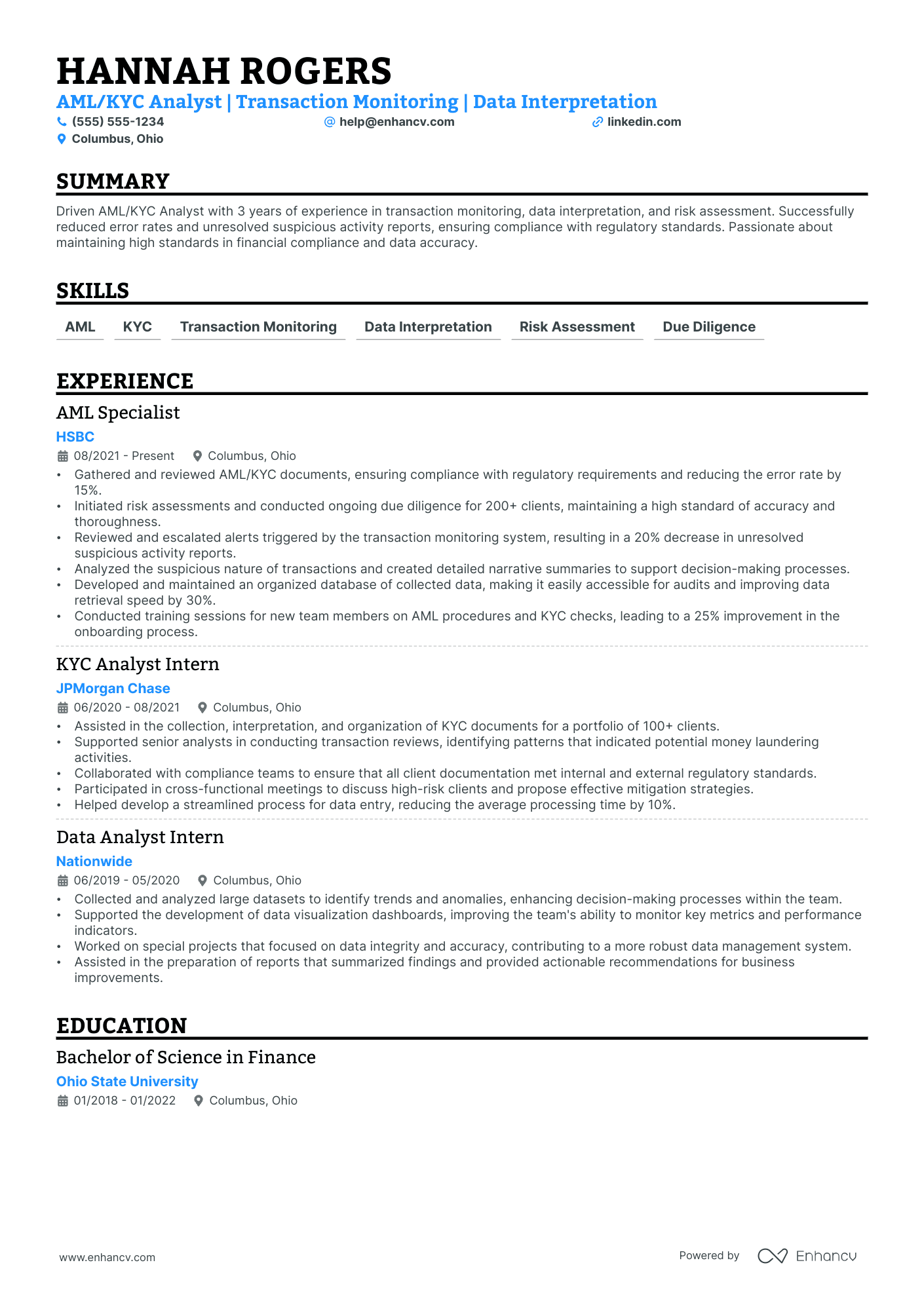 AML/KYC Analyst resume example