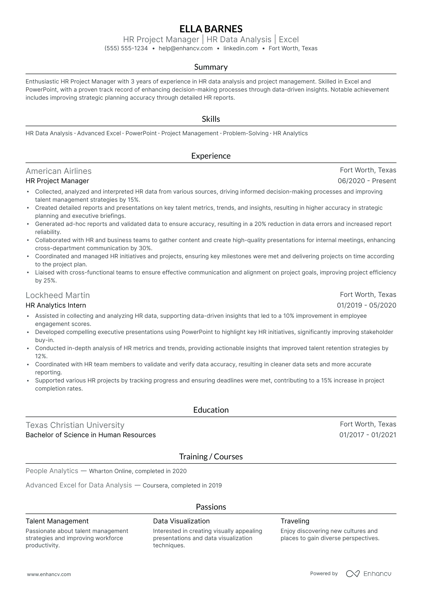 HR Project Manager resume example