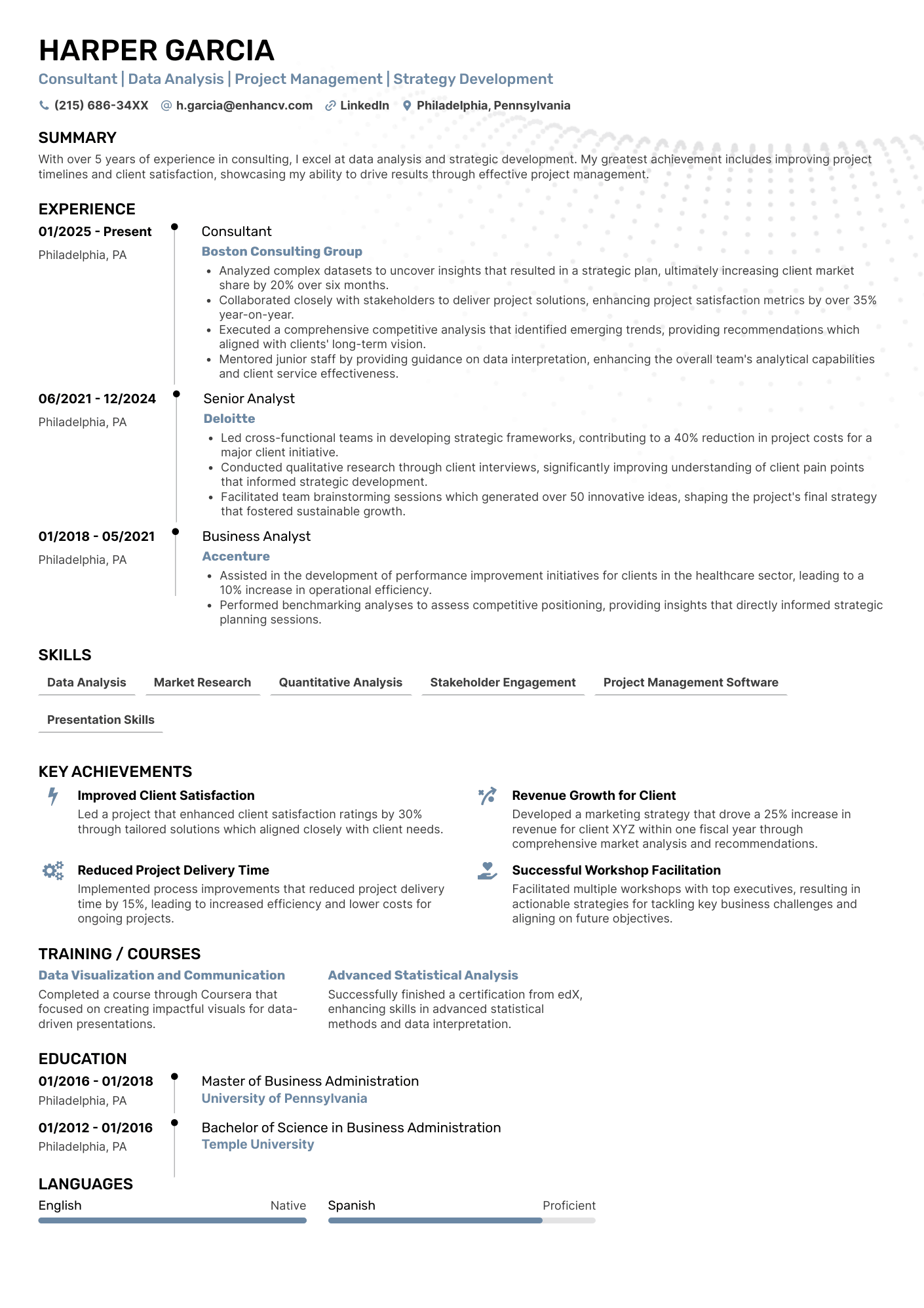 A single column timeline consulting resume template with blue accent colors.