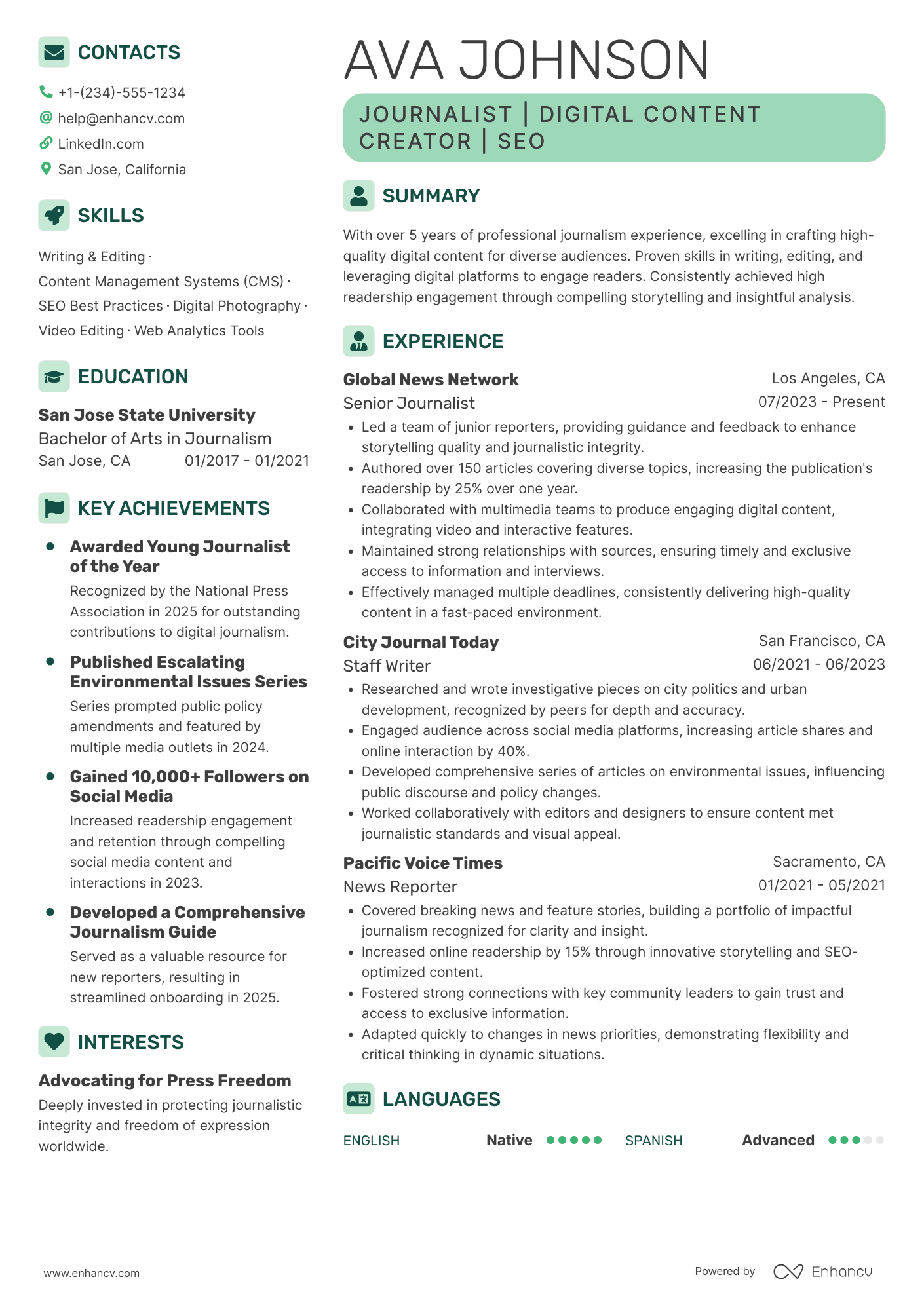 Journalist resume example