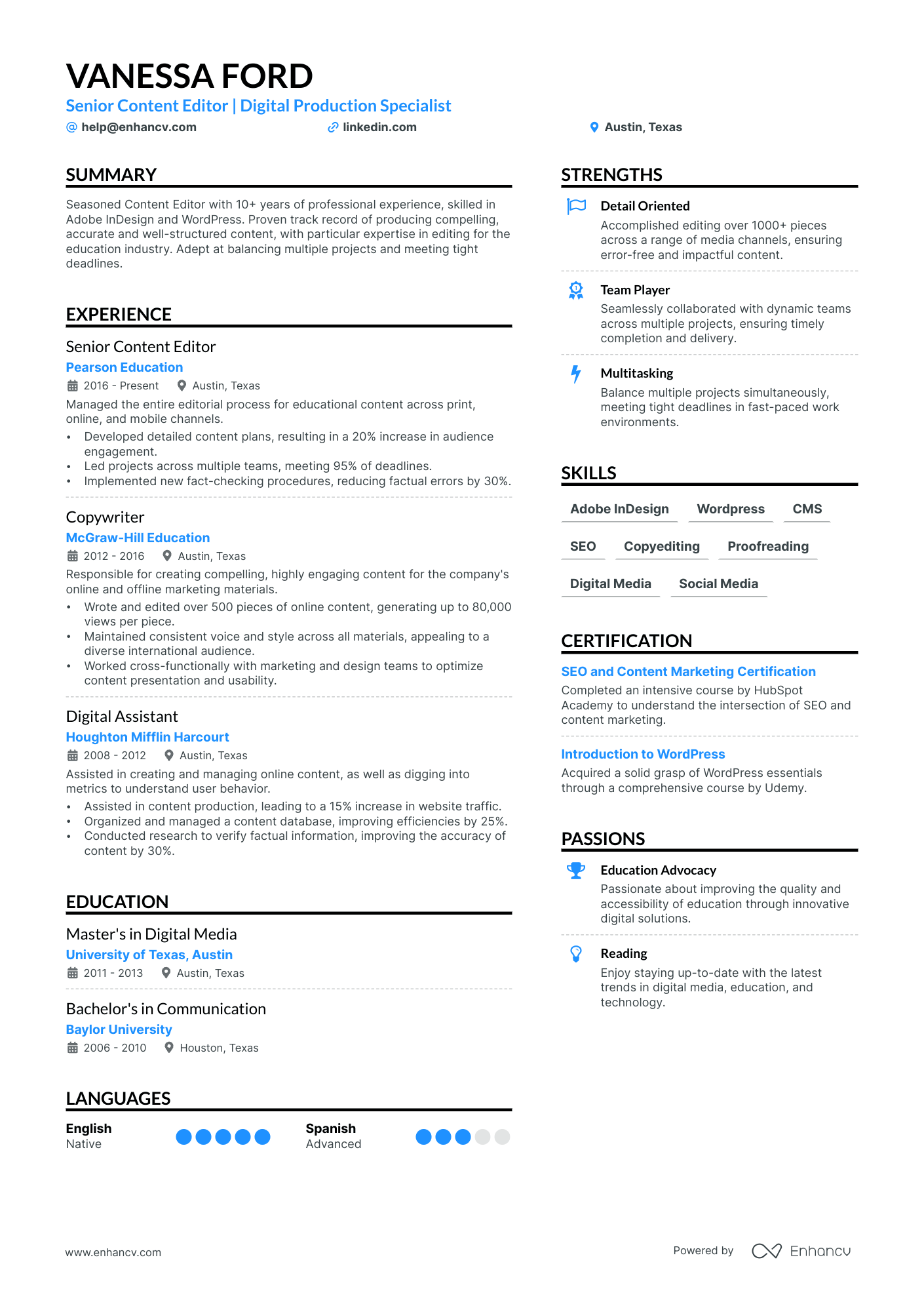 Content Editor resume example