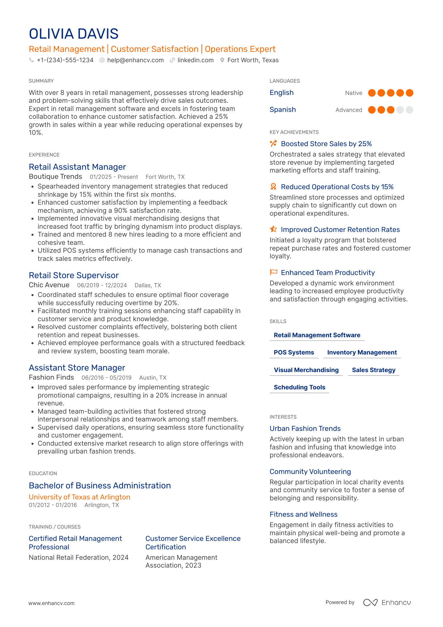 Retail Assistant Store Manager resume example