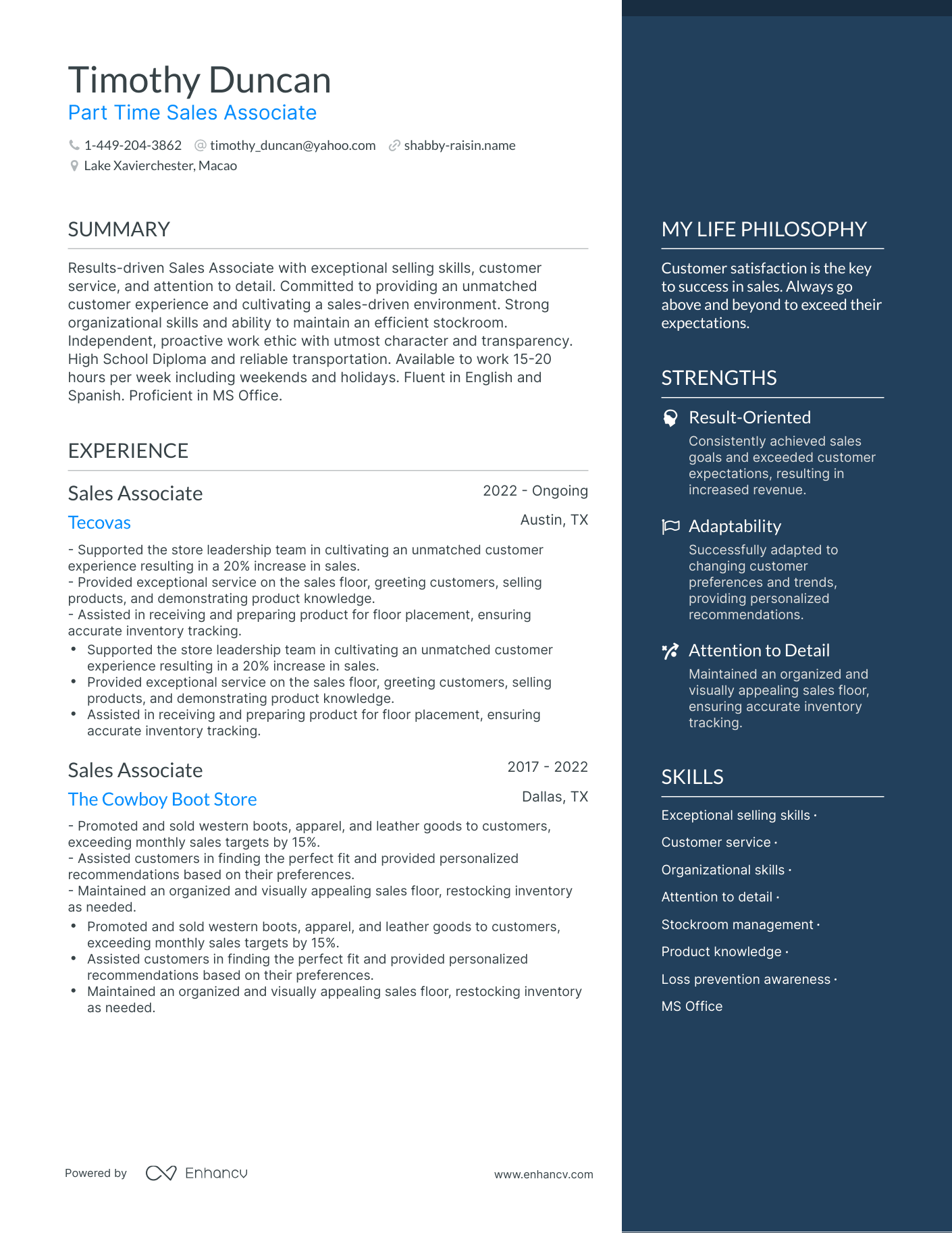 Modern Part Time Sales Associate Resume Example