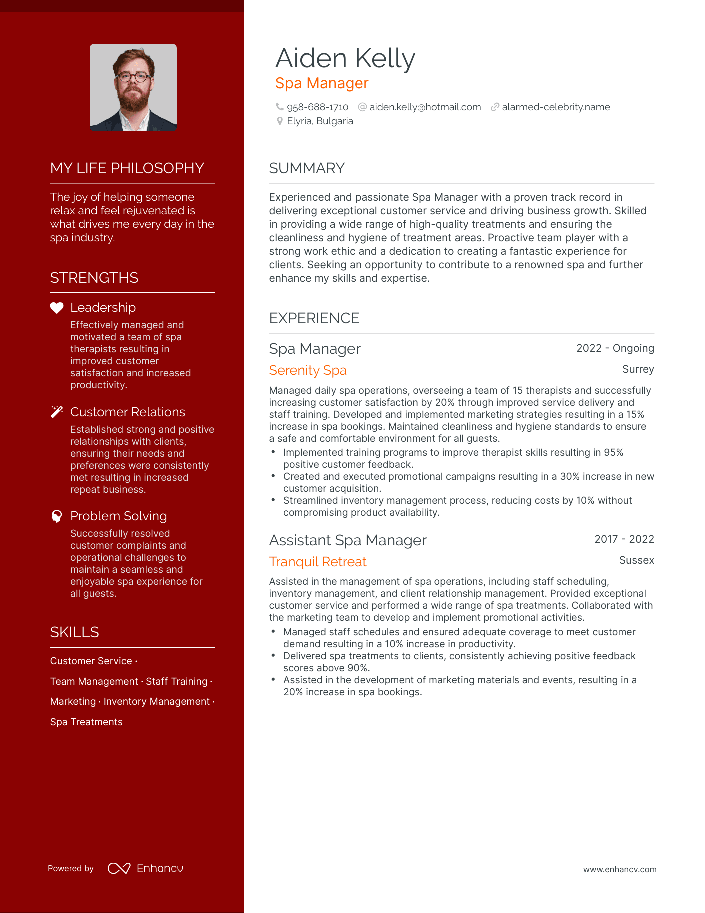 Creative Spa Manager Resume Example