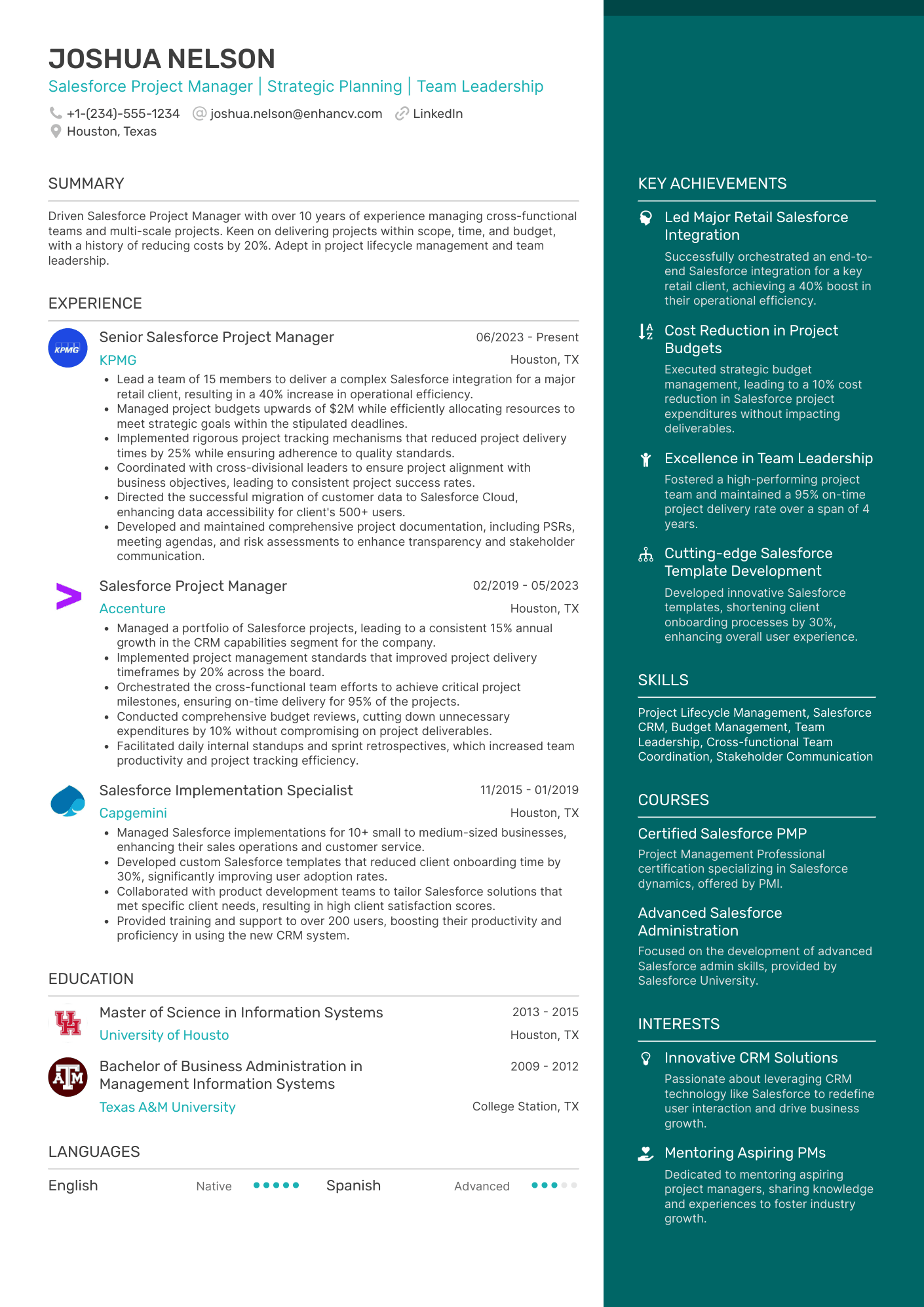 A two column resume template with a wider column for experience and a narrower, aqua colored column for your highlights.