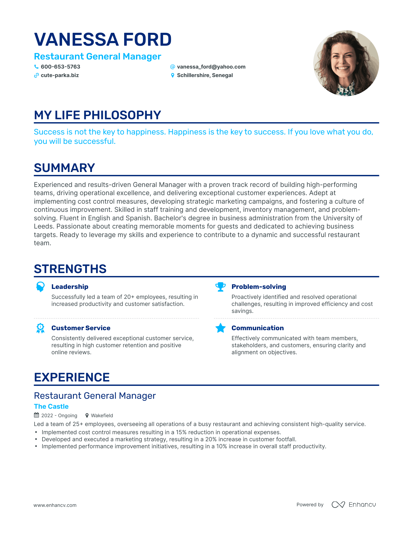 Creative Restaurant General Manager Resume Example