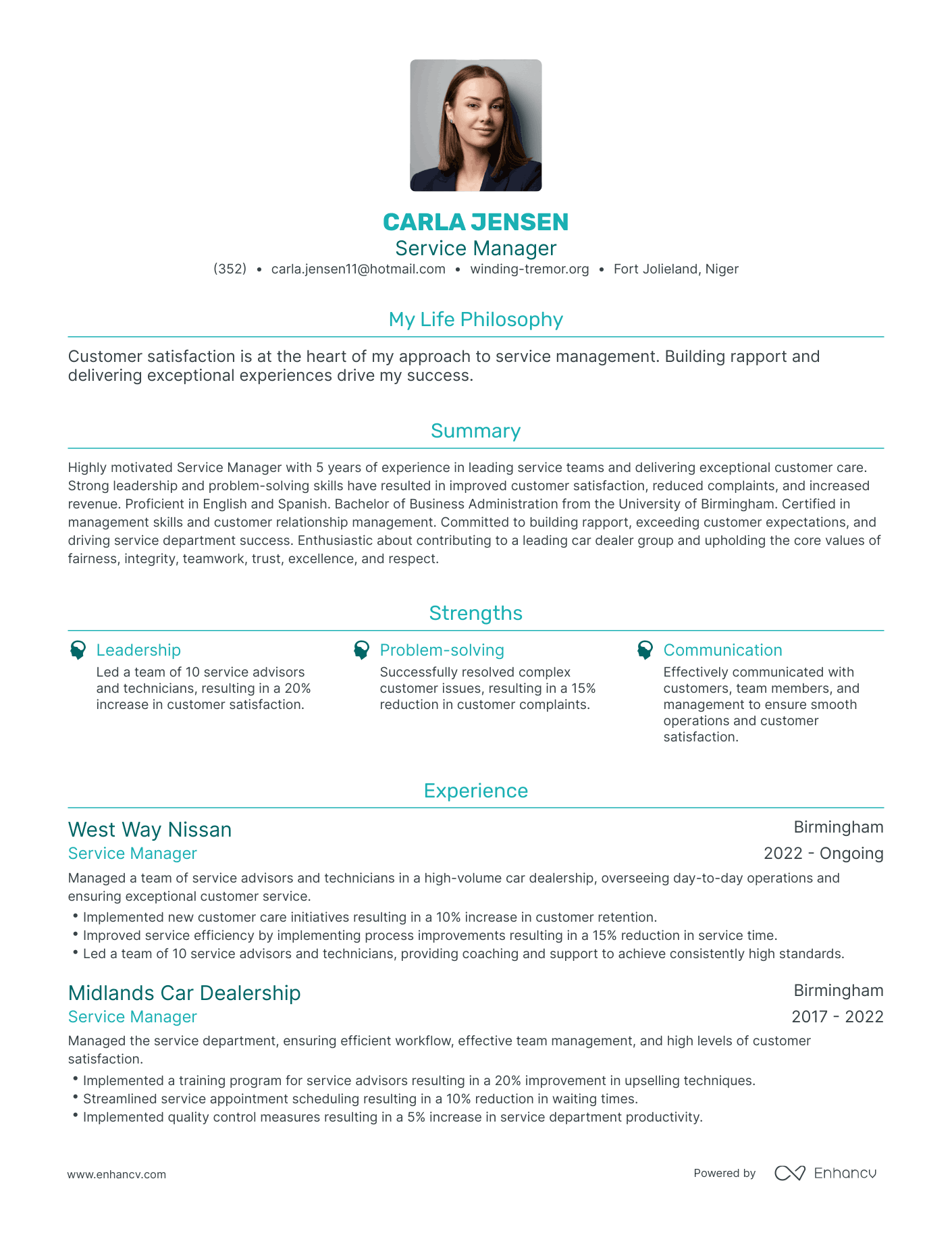 Modern Service Manager Resume Example