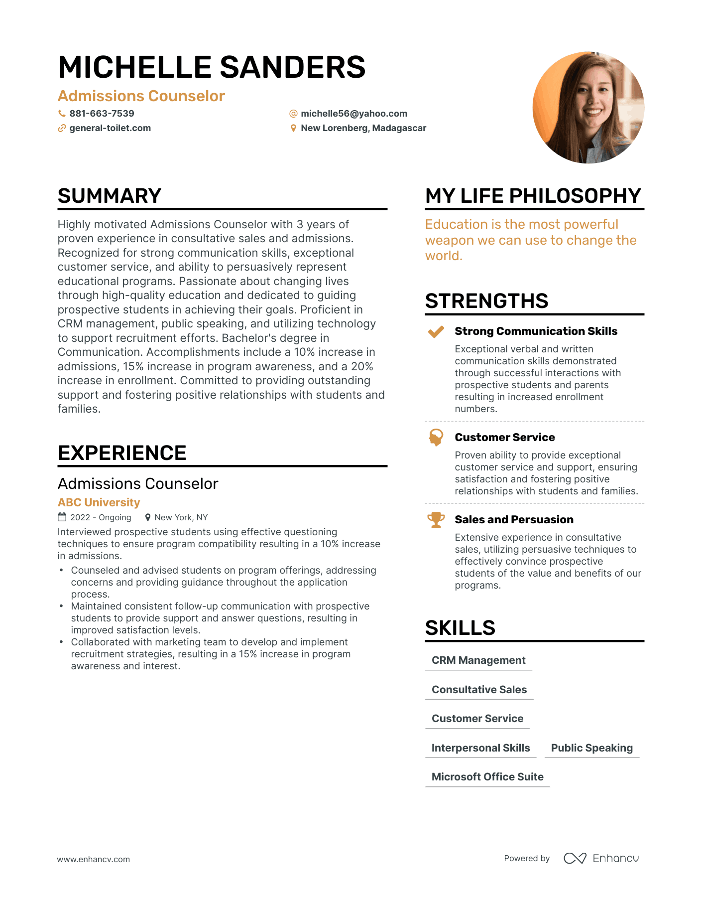 Admissions Counselor resume example